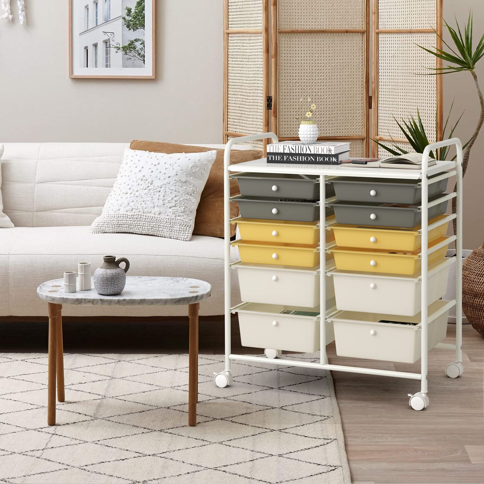 GOPLUS Chariot de Rangement 12 Tiroirs, Tour de Rangement à roulettes, Cadre en Acier, pour Chambre, Bureau, 64 x 38 x 75 CM, Jaune