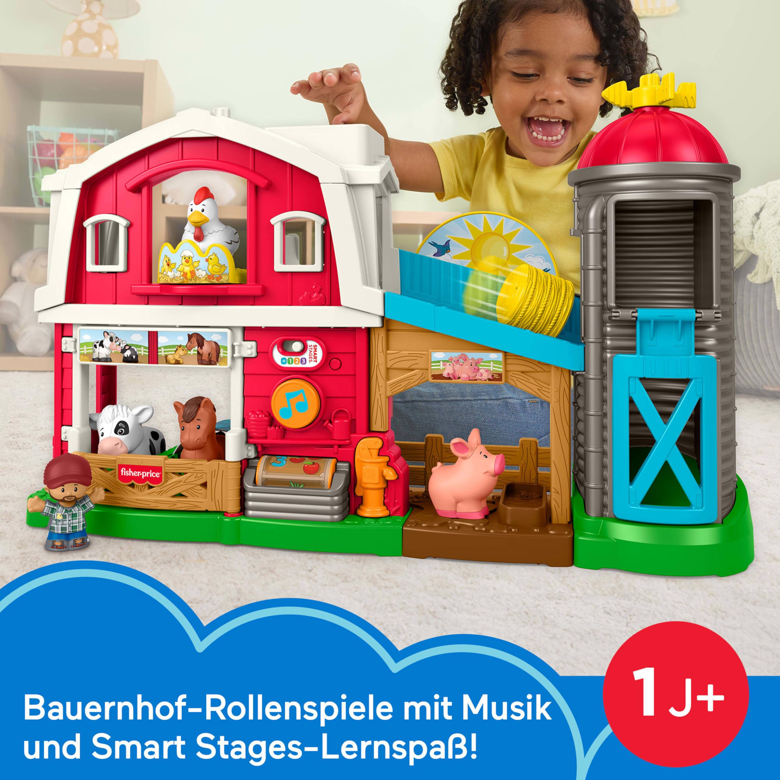 Fisher-Price Little People Caring Fun Tierfarm, mehrsprachig | Englisch, Französisch, Deutsch, Italienisch, Niederländisch, Musik-Spielset, 5 Figuren, Smart Stages, ab 1 Jahr, JGX08