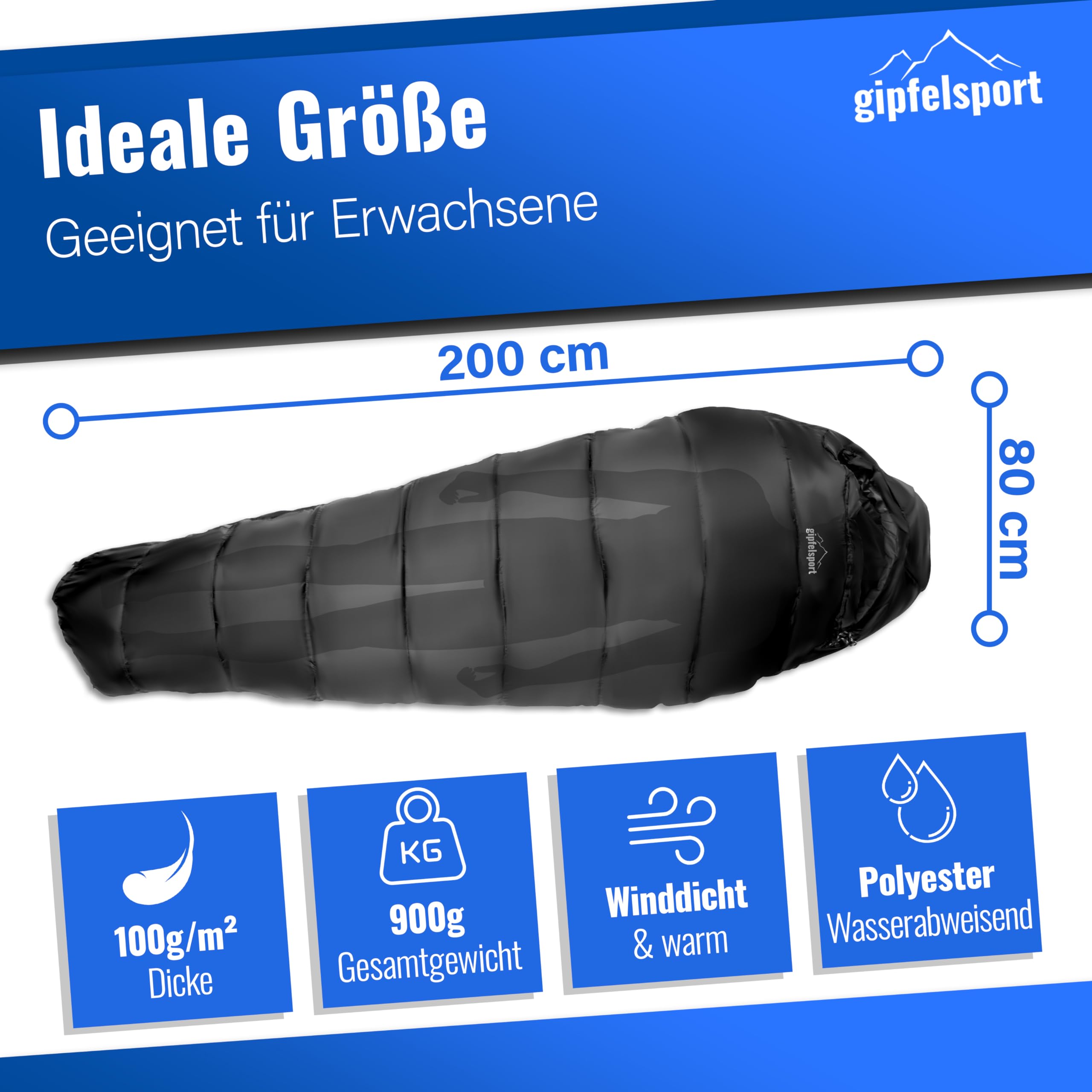 gipfelsport Saco de Dormir - Saco de Dormir Rectangular de Exterior para Adultos y Niños | para Invierno, Otoño y Primavera