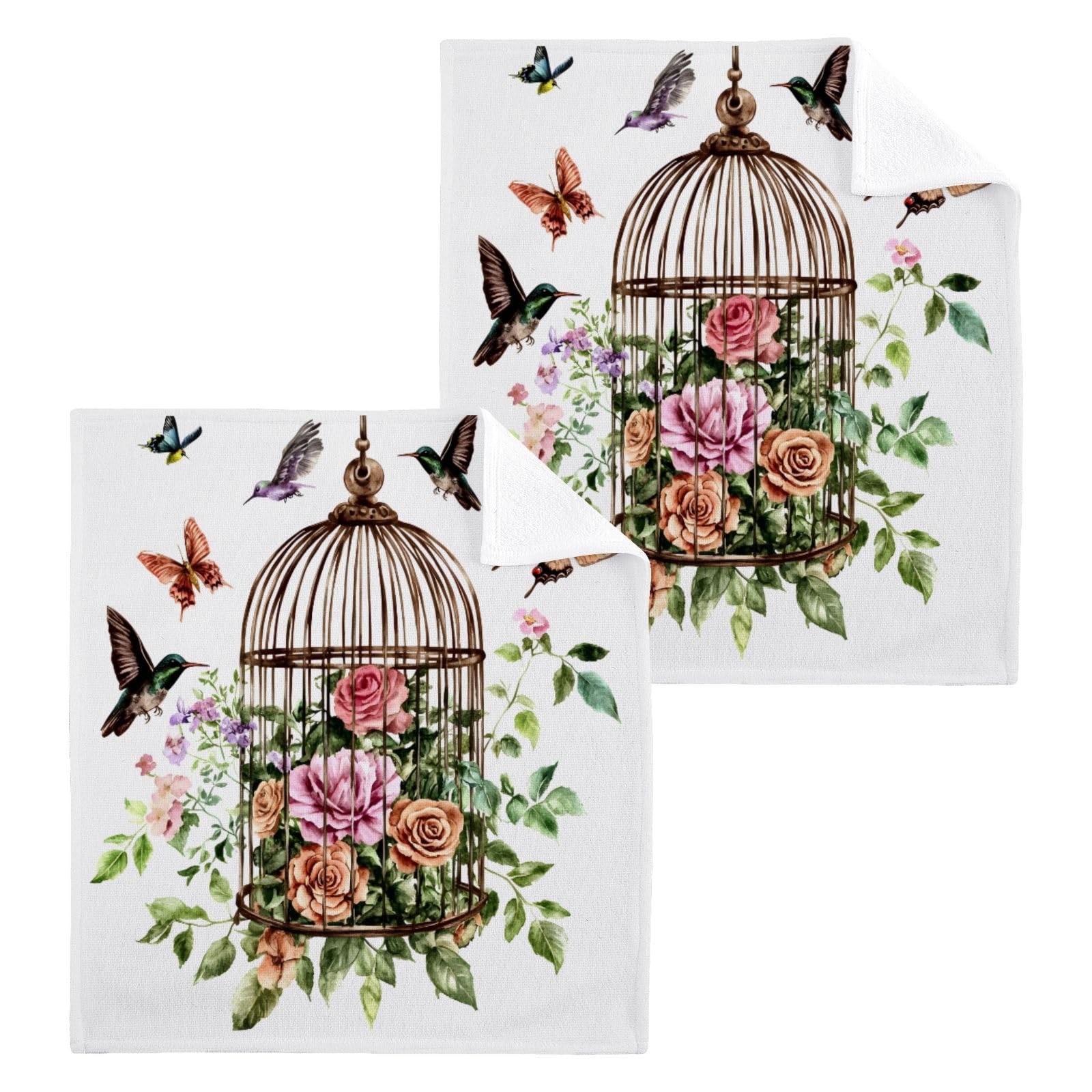 ALAZA Wash Cloth Set 100% Cotton Fingertip Towels Face Cloths Sets Birdcage Butterfly Highly Absorbent Soft Feel Set of 2