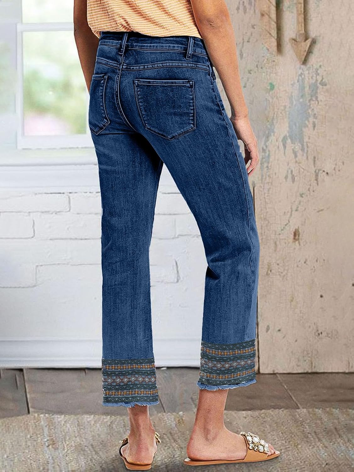Flamingals Straight Leg Jeans for Women Low Rise Cropped Jeans Wash Embroidery Raw Hem Denim Pants