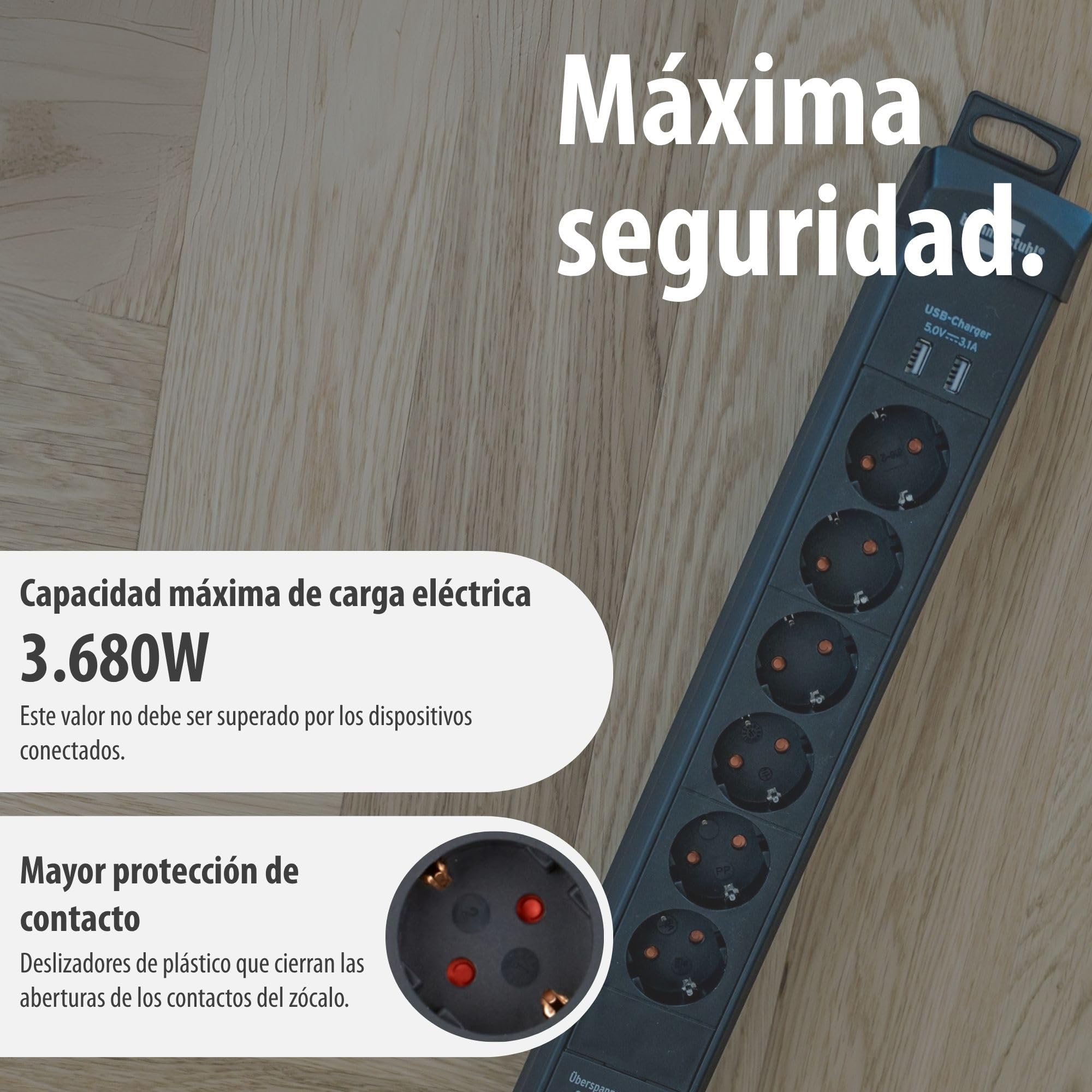Brennenstuhl Premium-Line regleta enchufes de 6 Tomas con protección contra sobretensiones hasta 60.000A (Cable de 3m, 2X Cargador USB 3.10A, montable, Fabricado en Alemania) Negro