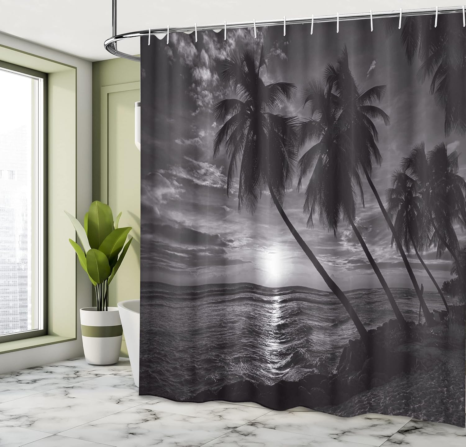 Ambesonne Tropical Shower Curtain, Coconut Palm Trees on Beach Bend by The Wind Horizon Over The Sea Picture, Cloth Fabric Bathroom Decor Set with Hooks, 69" W x 70" L, White and Black