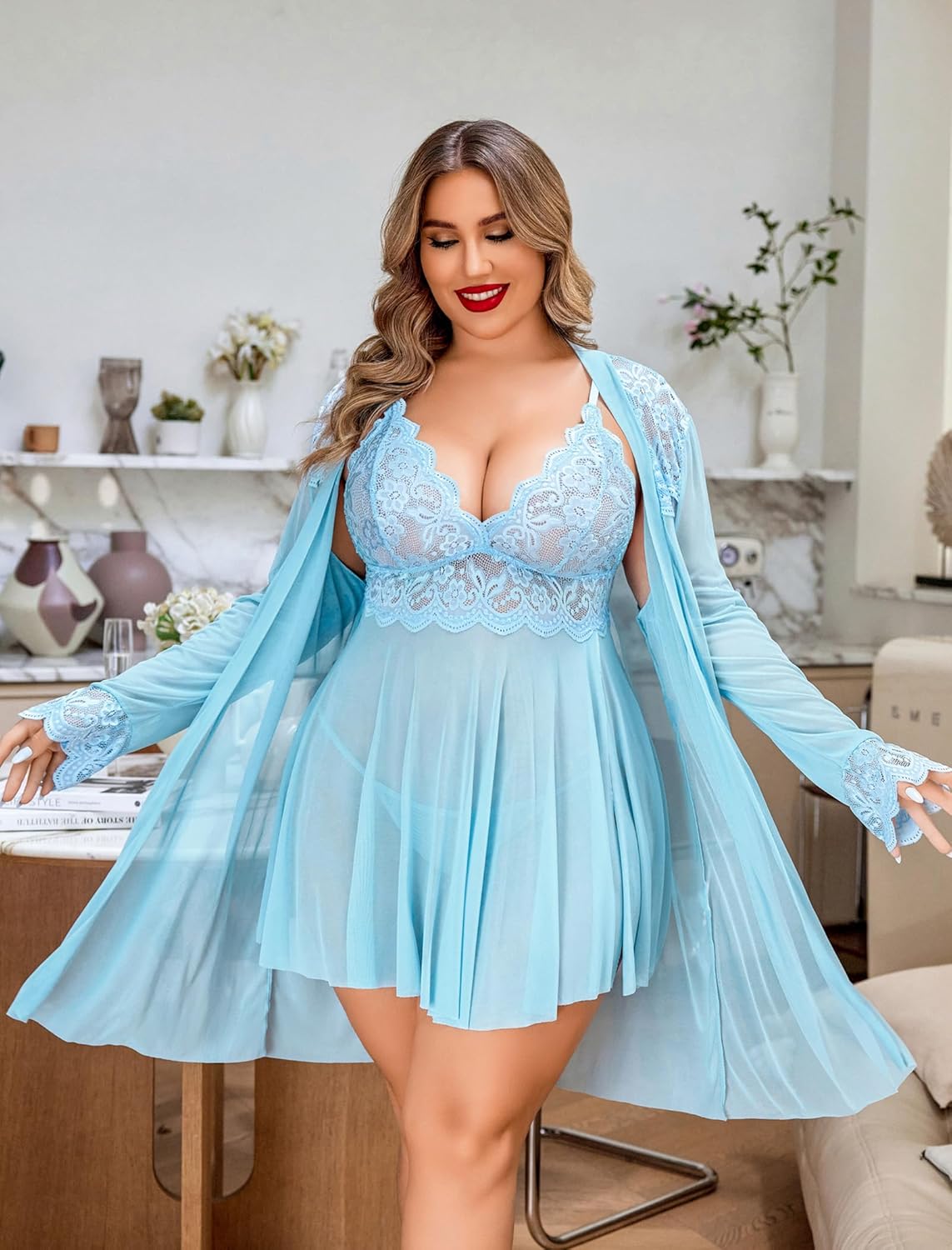 Avidlove Plus Size Lingerie Sexy Lingerie Set Women's Exotic Nightgowns Lace Chemise Lingerie Side Slit Nightdress - Image 3