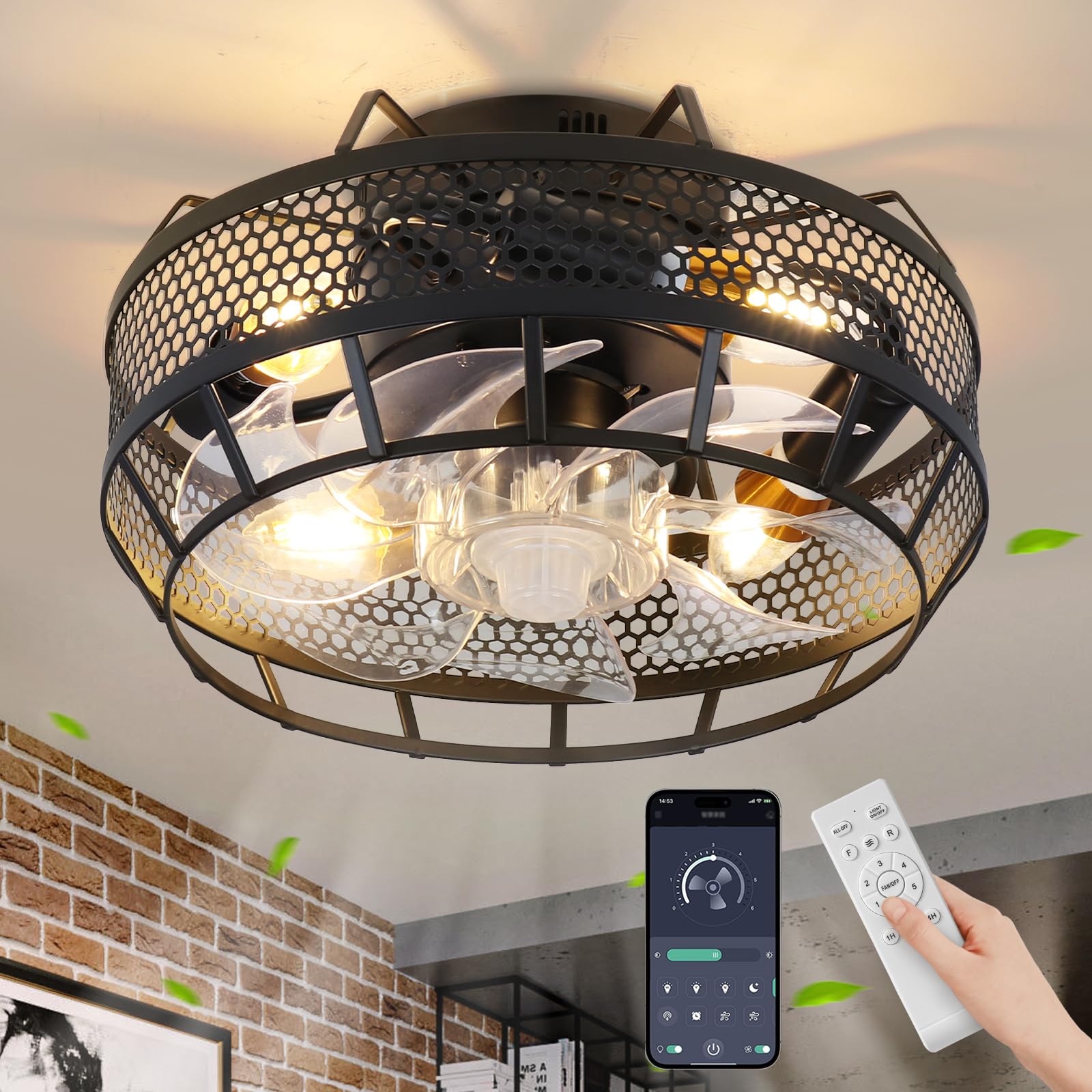 12'' Low Profile Caged Ceiling Fan with Light, Small Flush Mount Industrial Style Caged Ceiling Fan, Reversible Enclosed Blades Ceiling Fan with Remote Control for Bedroom, Kitchen, Dining Room