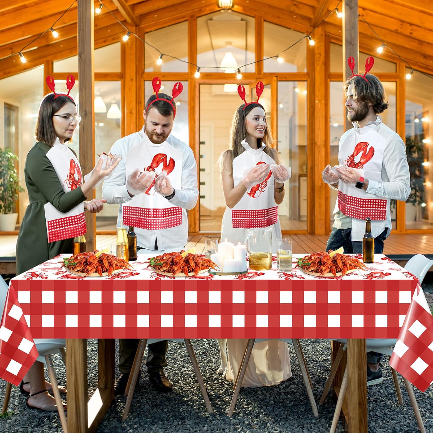 112 Pcs Seafood Crawfish Boil Party Supplies with 50 Crab Lobster Bibs 50 Disposable Gloves 10 Crab Headbands 2 Lobster Tablecloth 108 x 54 Inches Disposable Accessories for Seafood Party