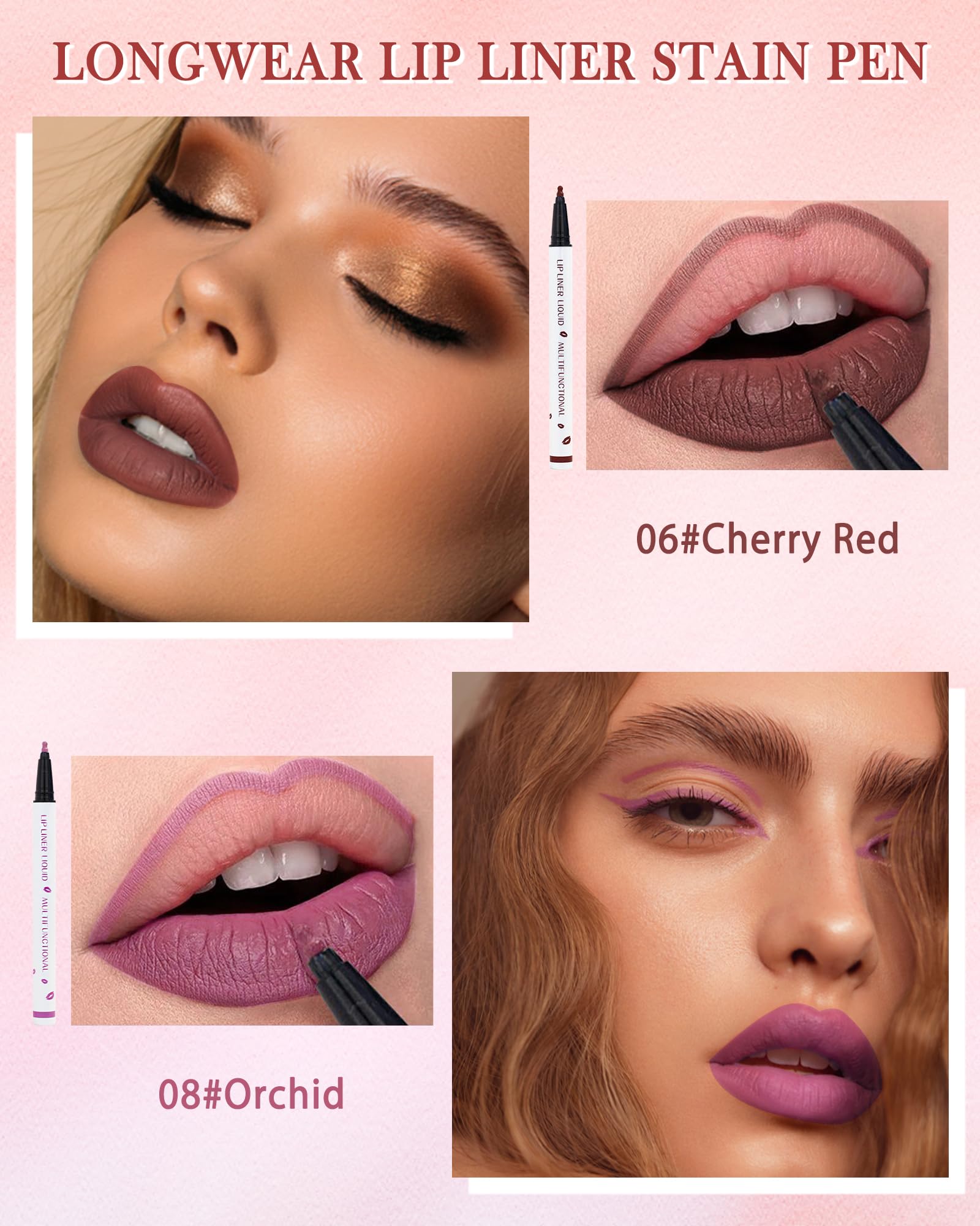 Matte Lip Liner-2Pcs,2 in 1 Cherry Red Orchid Liquid Lipliners Pencil & Lip Stick - Image 2