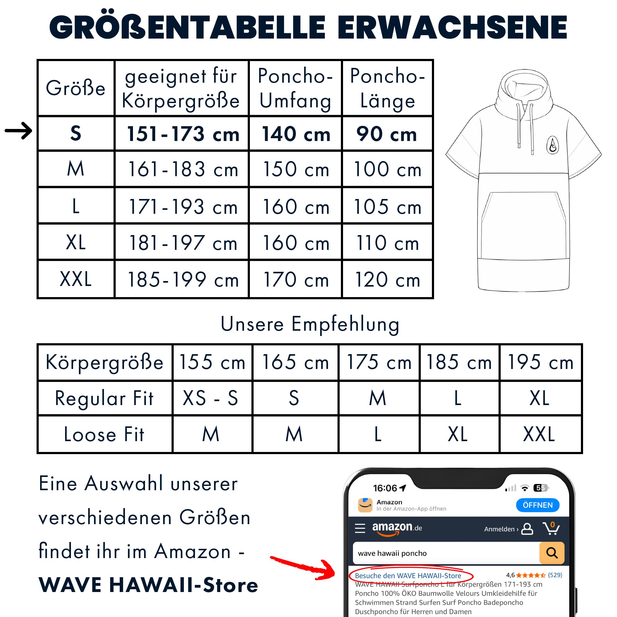 WAVE HAWAII Bade-Poncho Damen & Herren, Größe S, 151-173cm, 100% Baumwolle Surf-Poncho für Erwachsene, Frottee Handtuch mit hoher Wasserabsorption, Umziehhilfe Strand Erwachsene