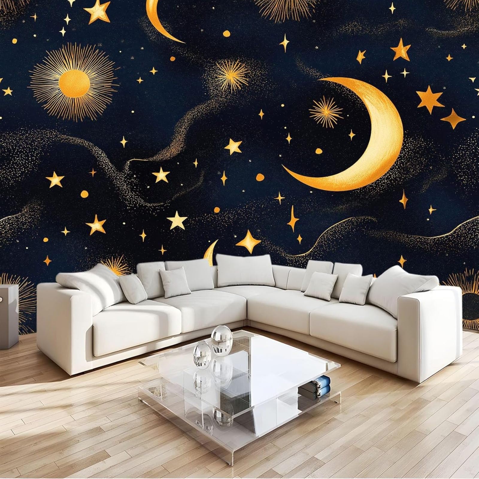 Minimalist photo wallpaper with stars and moon in black, 3D wall mural for bedroom, living room, sofa or TV background - non-woven wallpaper wall decoration, 250cm x 175cm stickers - frameless paintin