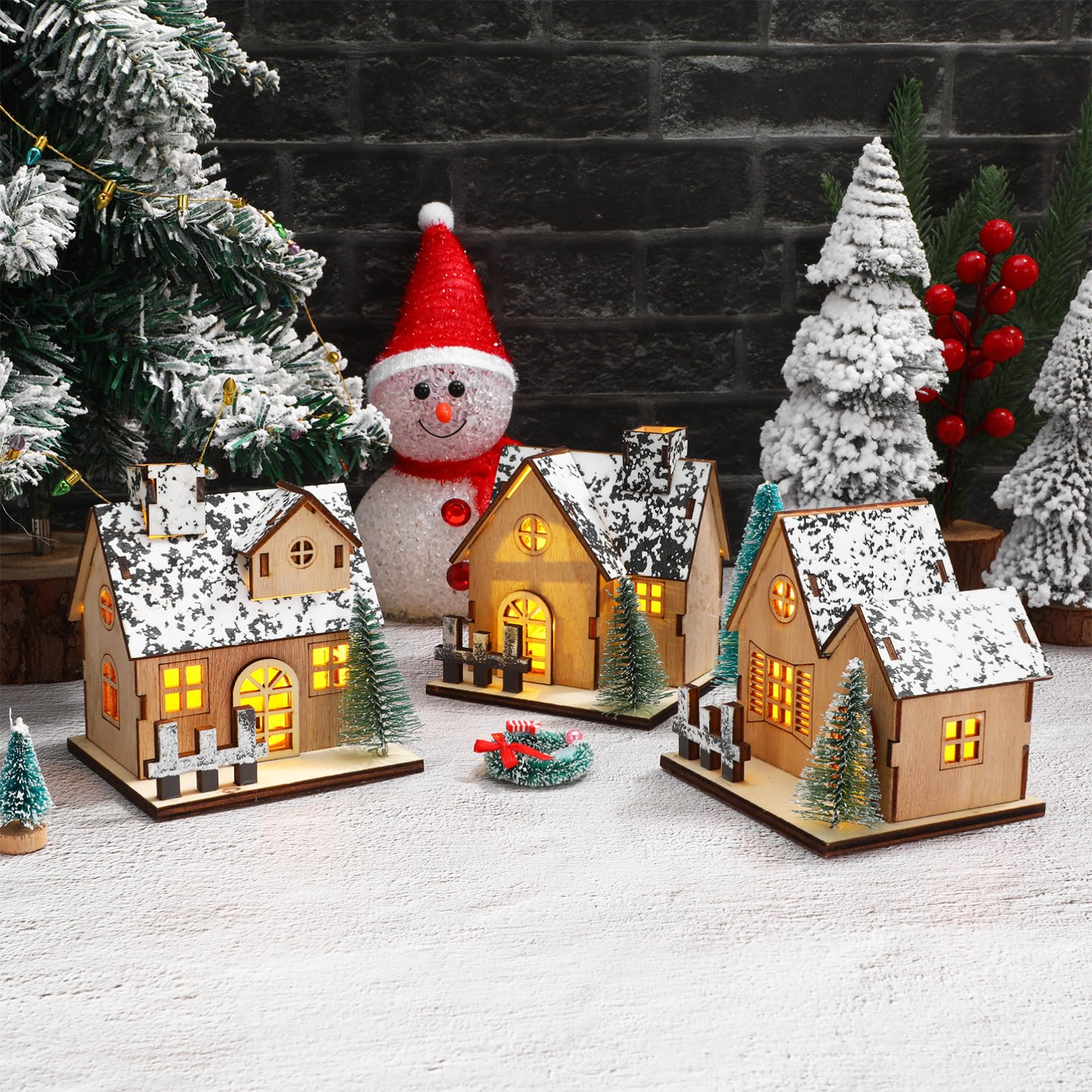 TOYANDONA Lot de 3 maisons de village de Noël en bois avec éclairage LED pour décorations de table de Noël