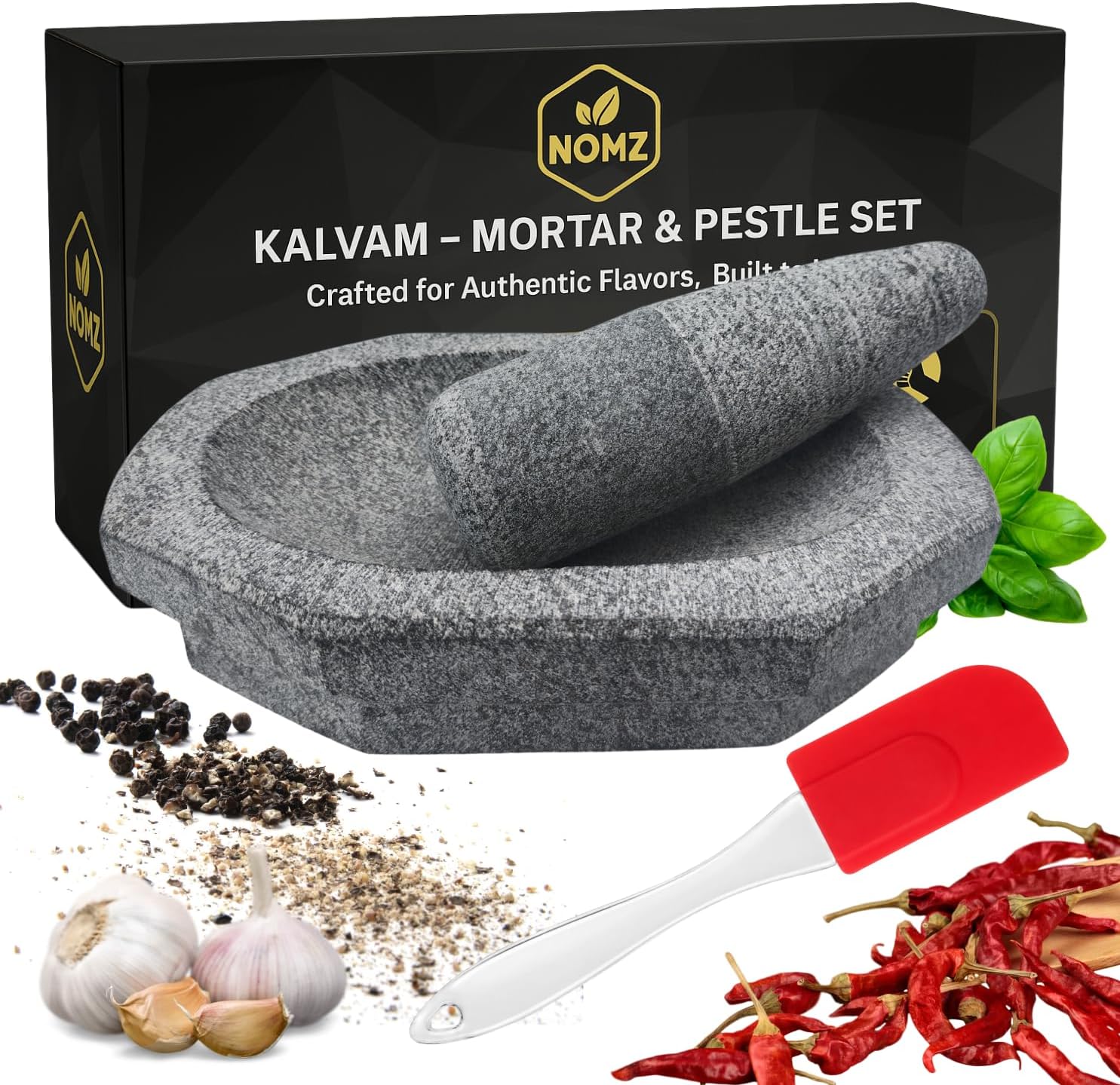 NOMZ Mortar Pestle for Kitchen with Anti-Slip Pad & Silicone Spatula - 4.8 kg Heavy, 10 inch Block Shape, 2 Cup Capacity - Kalvam/Khalbatta/Silbatta for Chutney