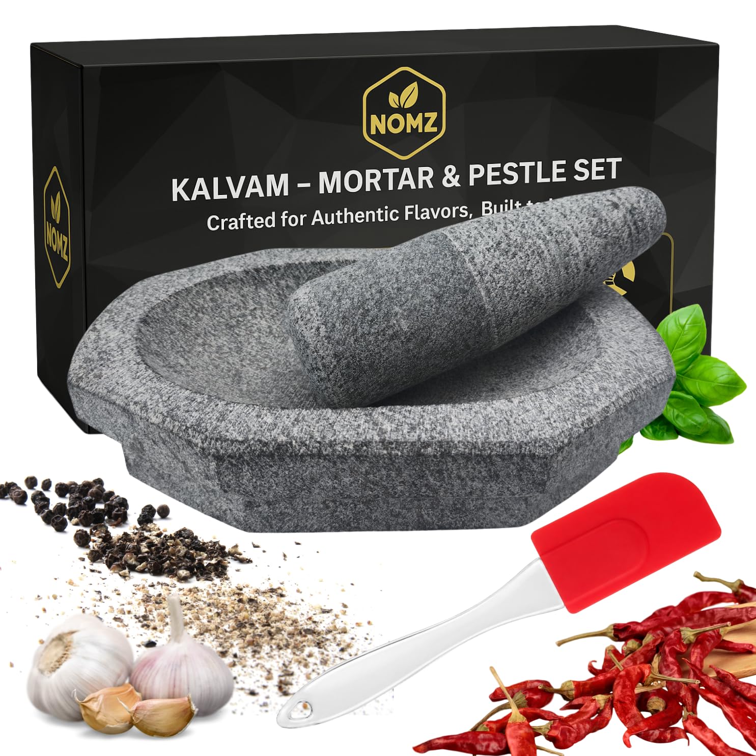 NOMZ Kalvam Stone Mortar Pestle for Kitchen With Anti-Skid Pad | Okhli | Idi Kallu| Silbatta for Chutney,Ginger Garlic Crusher, Spice Grinding (Big Size,2 Cups,10 inches)-image-7
