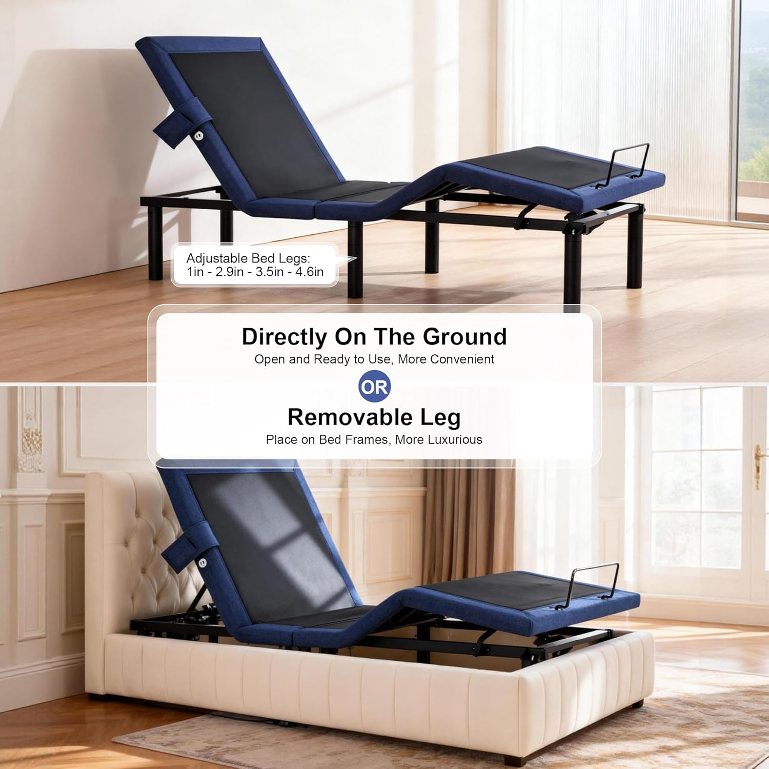 Comparison showing the adjustable bed frame used directly on the floor with adjustable legs or placed within an existing bed frame by removing legs.