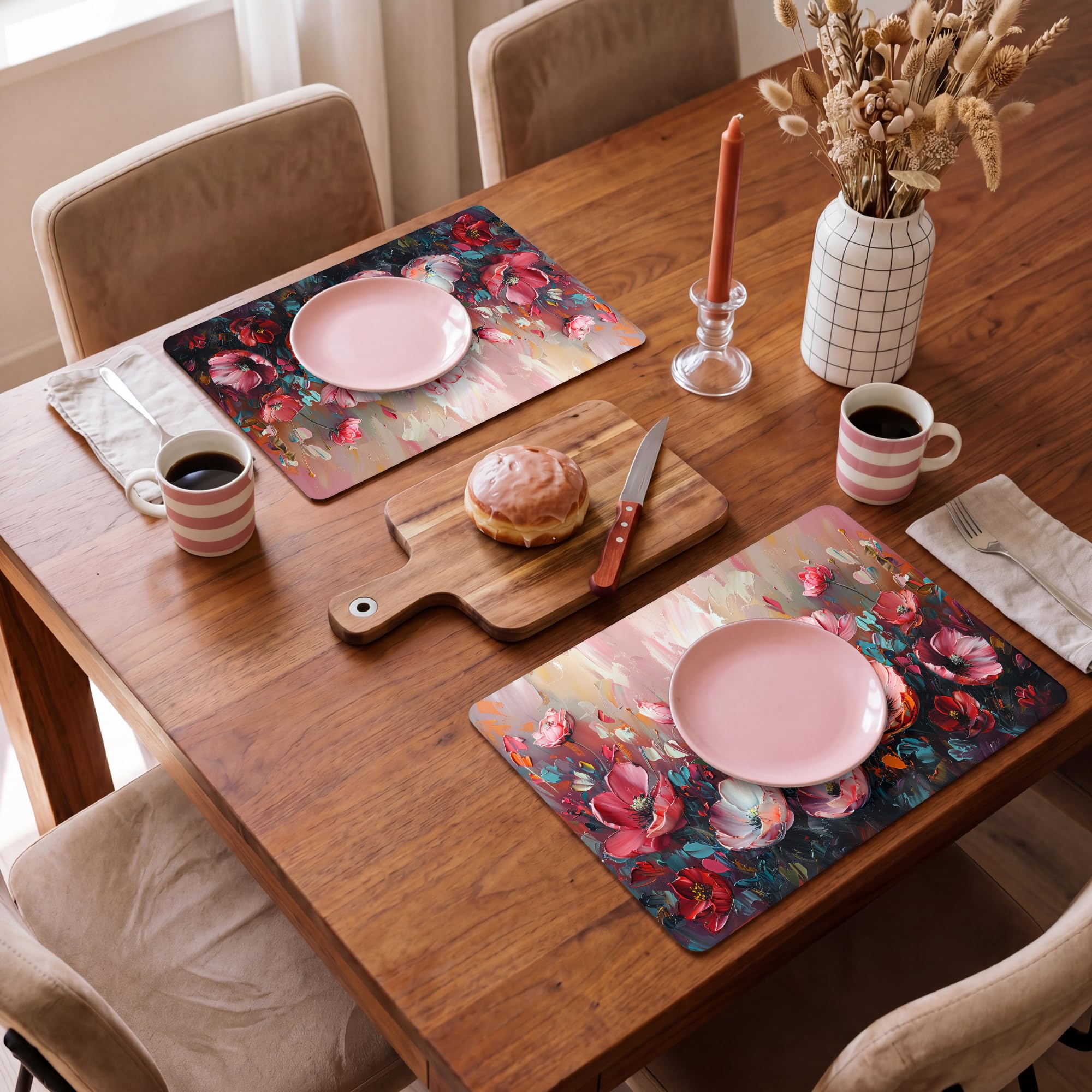 OnlyWow© Platzsets Abwaschbar 1-Teilig 45x30 cm Tischsets Platzdecken Platzset Tischset Esstisch Tischuntersetzer Unterlagen rutschfest Mohnblumen - Rosa - Blumen - Botanisch
