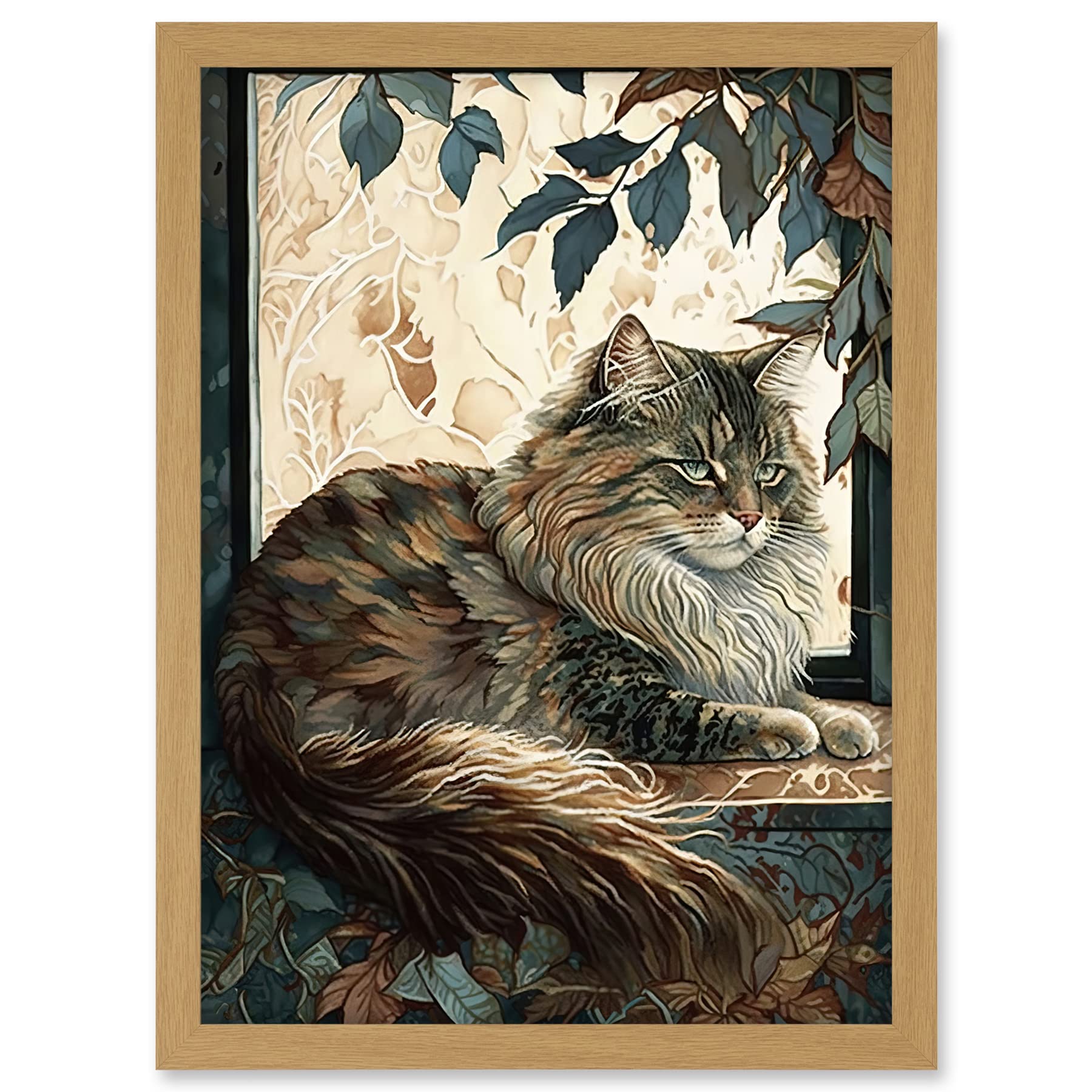 Artery8 Siberian Cat Perched on Window Sill in Autumn Modern Illustration Artwork Framed A3 Wall Art Print