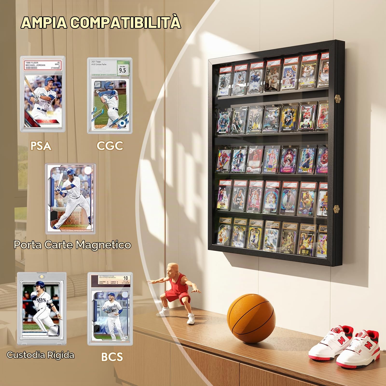 Espositore per carte, grande cornice da parete per carte collezionabili, 35 gradi, con protezione UV, vista trasparente con serratura per carte da calcio e pallacanestro, fumetti (nero)