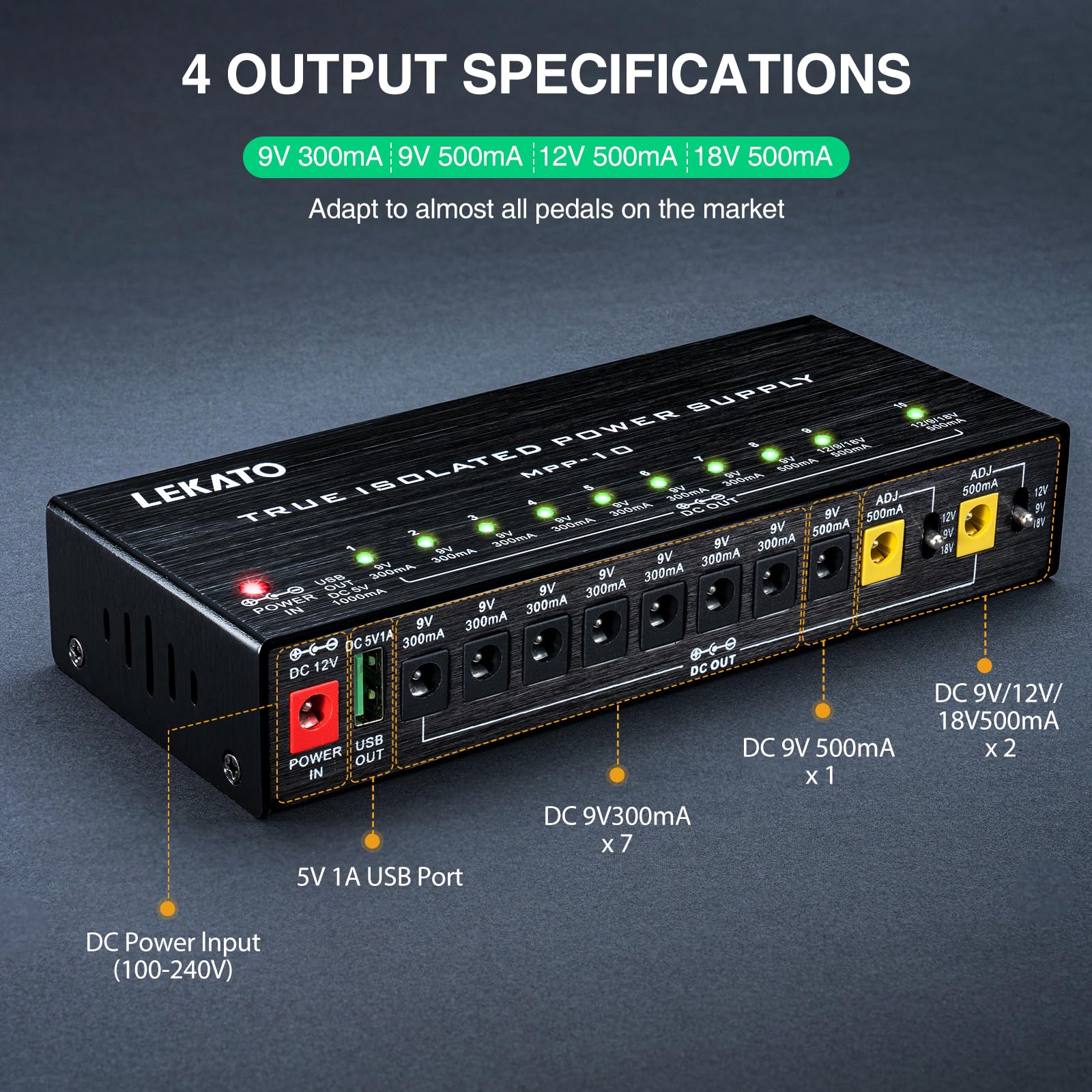 LEKATO Gitarre Pedal Netzteil, 10 Isolierte Ausgang für 9V/12V/18V, Metall Effektpedal-Netzteil mit Kurzschlussschutz für E-Gitarre Bass Effekt Keyboards (MPP-10)