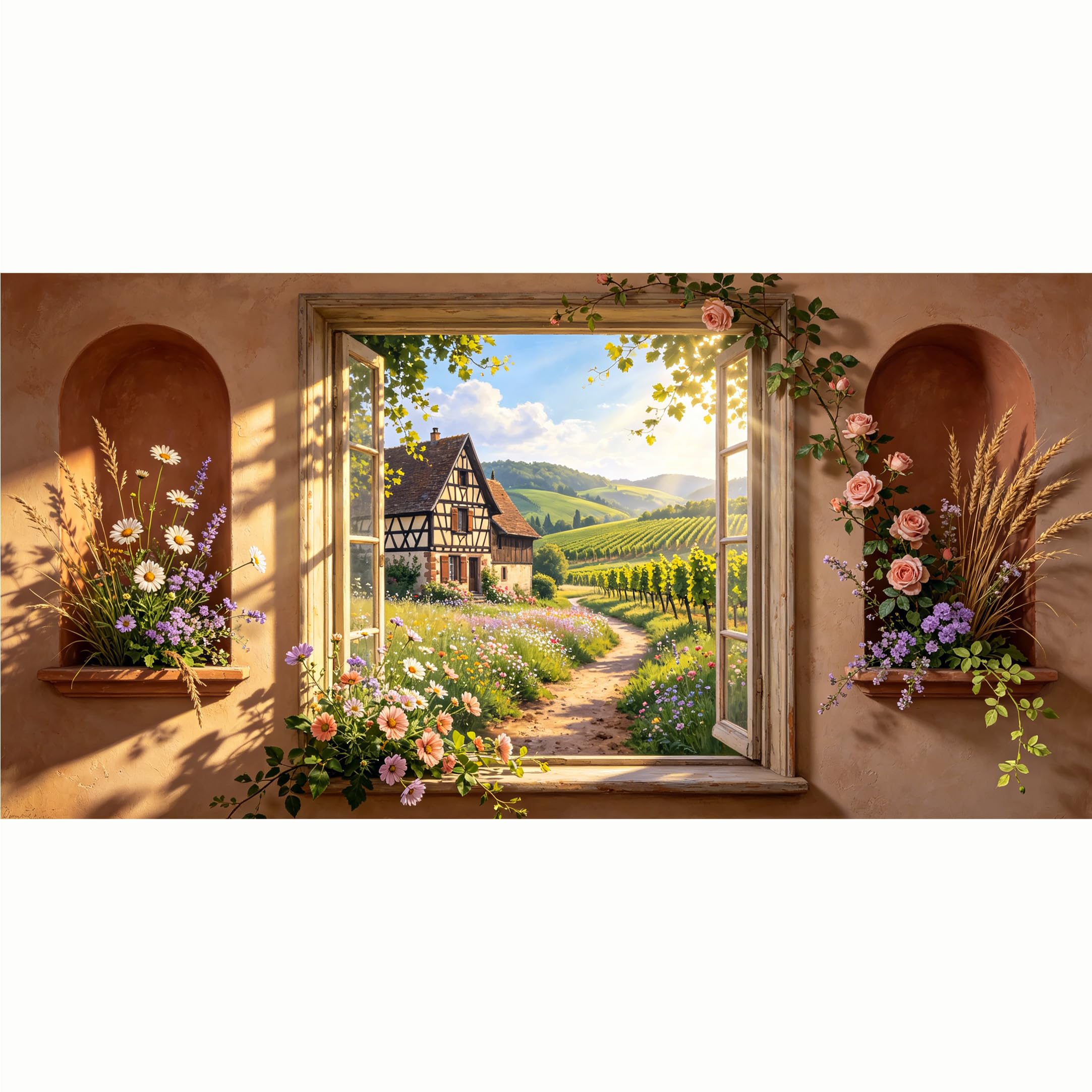QZLITHOTIC 50x100cm 3D Framed Wall Art， Tuscan Vineyard Countryside Farmhouse Window View Self‑Adhesive Mural， Water‑Activated Peel & Stick Fabric Decor Wall Decal for Bedroom Living Room