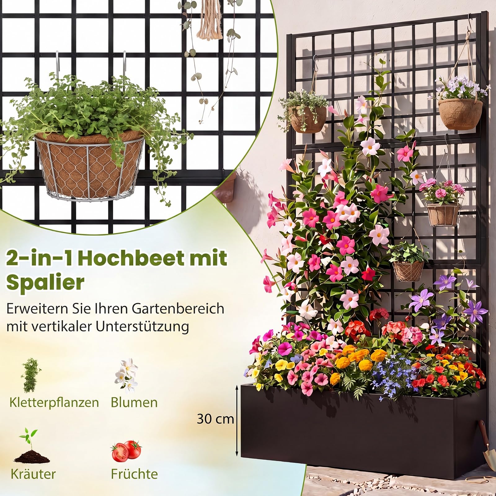 COSTWAY Blumenkasten mit Rankgitter, Pflanzkasten aus verzinktem Metall | Pflanzkübel Sichtschutz, Hochbeet mit Spalier & Abflusslöchern, Rankhilfe für Kletterpflanzen Garten Terrasse, 180,5 cm hoch