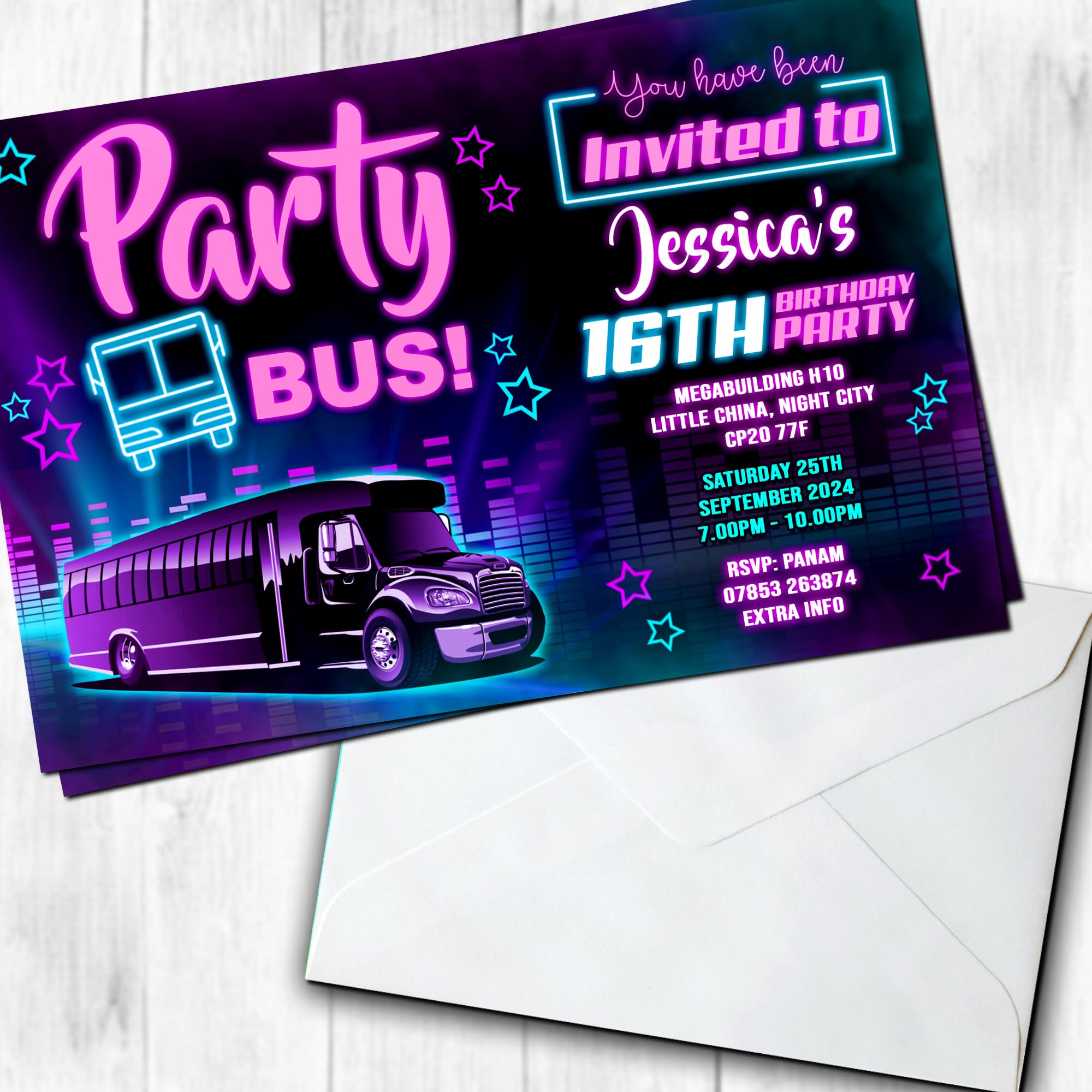 Party Bus Invitations Kids Personalised Birthday Invites with Envelopes