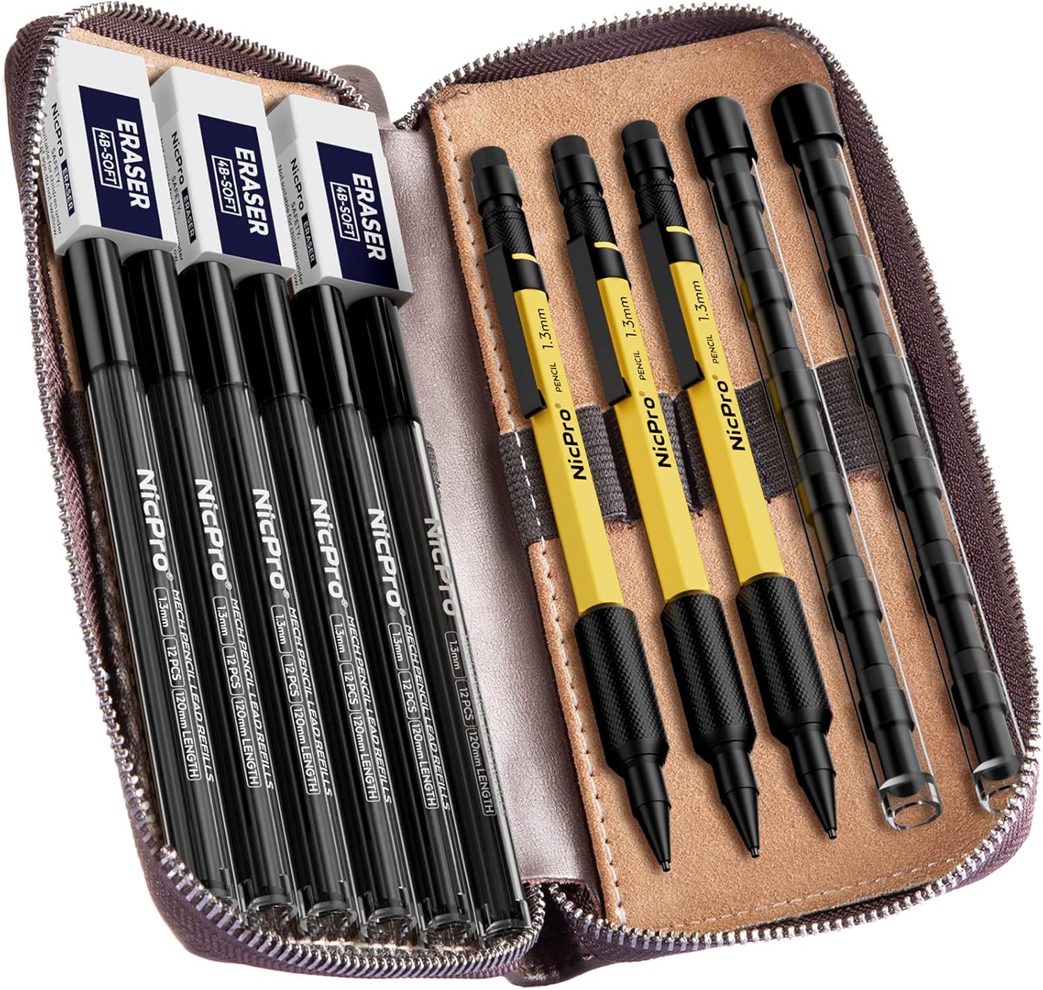 Nicpro 3PCS 1.3 mm Mechanical Pencils Set in Leather Case