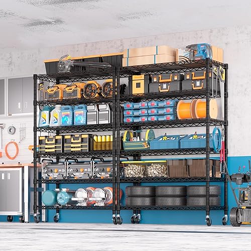 Miniatura 9 de PrimeZone Estantería de alambre de 6 niveles con ruedas de 79 pulgadas de alto, estantes de almacenamiento de 1500 libras, con certificación NSF,