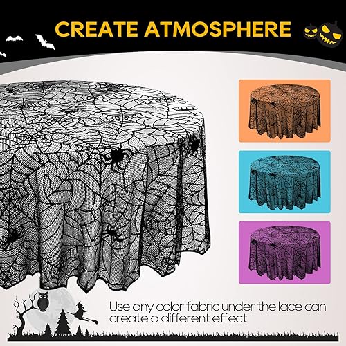 Miniatura 7 de eZAKKA Mantel redondo de Halloween, mantel de telaraña de 70 pulgadas, mantel negro de tela de encaje, mantel espeluznante para fiestas, gótico de