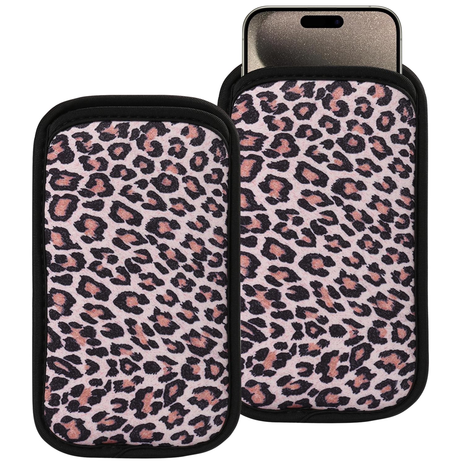 2 PCs Neoprene Cell Phone Sleeve Phone Pouch Compatible for Apple iPhone 16 Pro Max 16 Plus XS Max Galaxy S25 Ultra S25+ S24 FE A16 A35 A55 Pixel 9 Pro XL Moto G Play Power (Large, Brown Leopard)