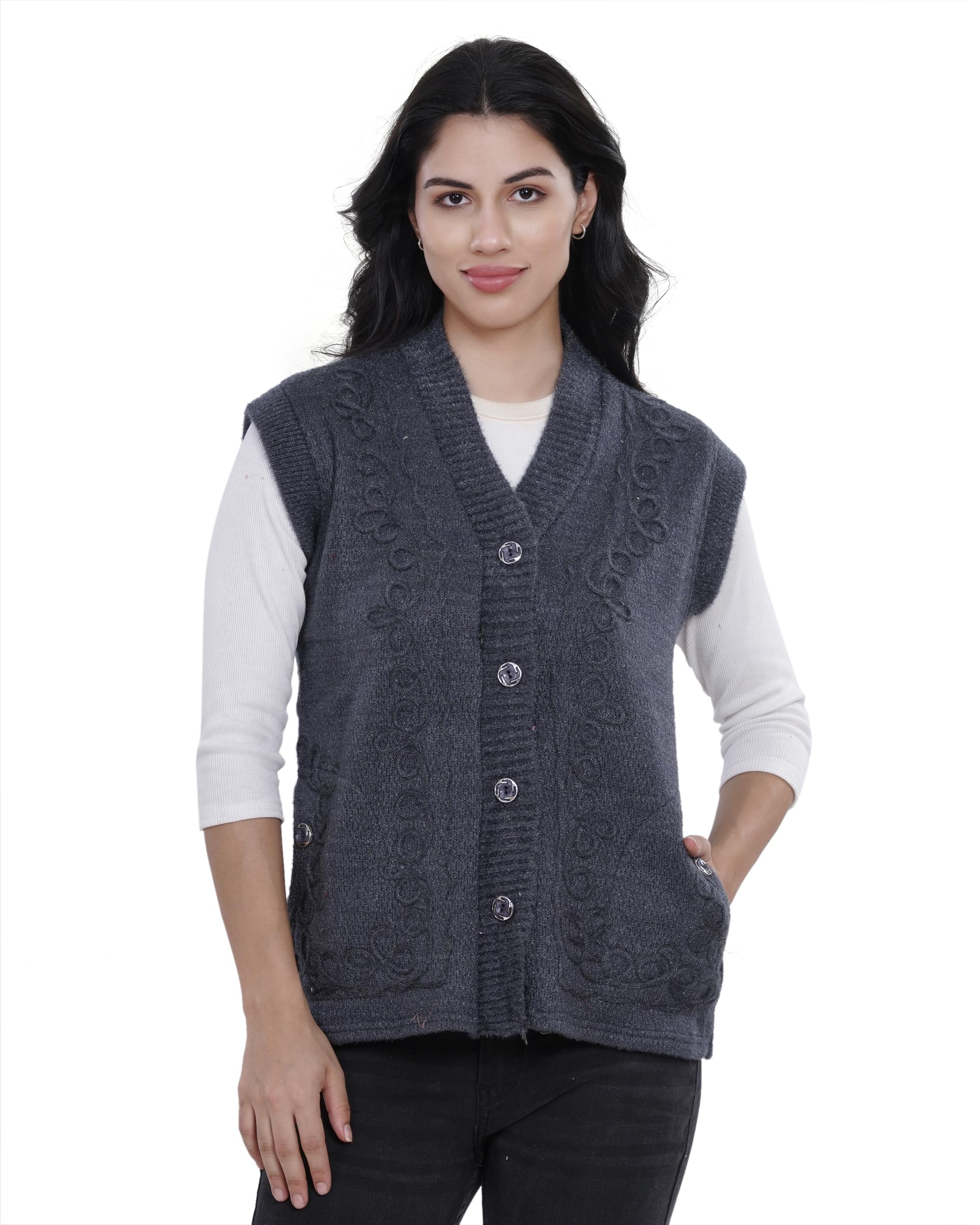 manra Women’s Sleeveless Woolen Knitted Vest Cardigan with Embroidered Detailing and Side Pockets Cardigan Sweater for Winter-picture-17