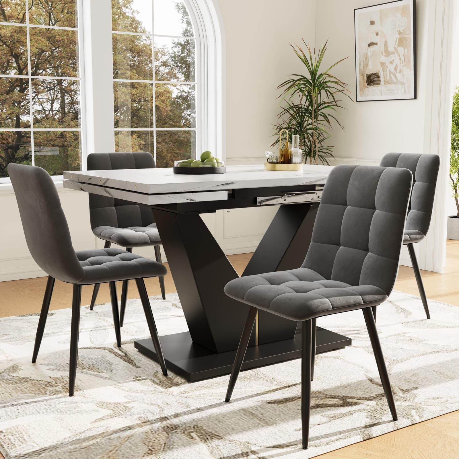 PUGSDRLY Table A Manger Avec 4 Chaises,Tables Et Chaises De Luxe Modernes,Ensemble De Salle à Manger,Table De Cuisine 4 Personnes,Plateau Motif De Marbre,Pieds De Chaise En Métal,Noir