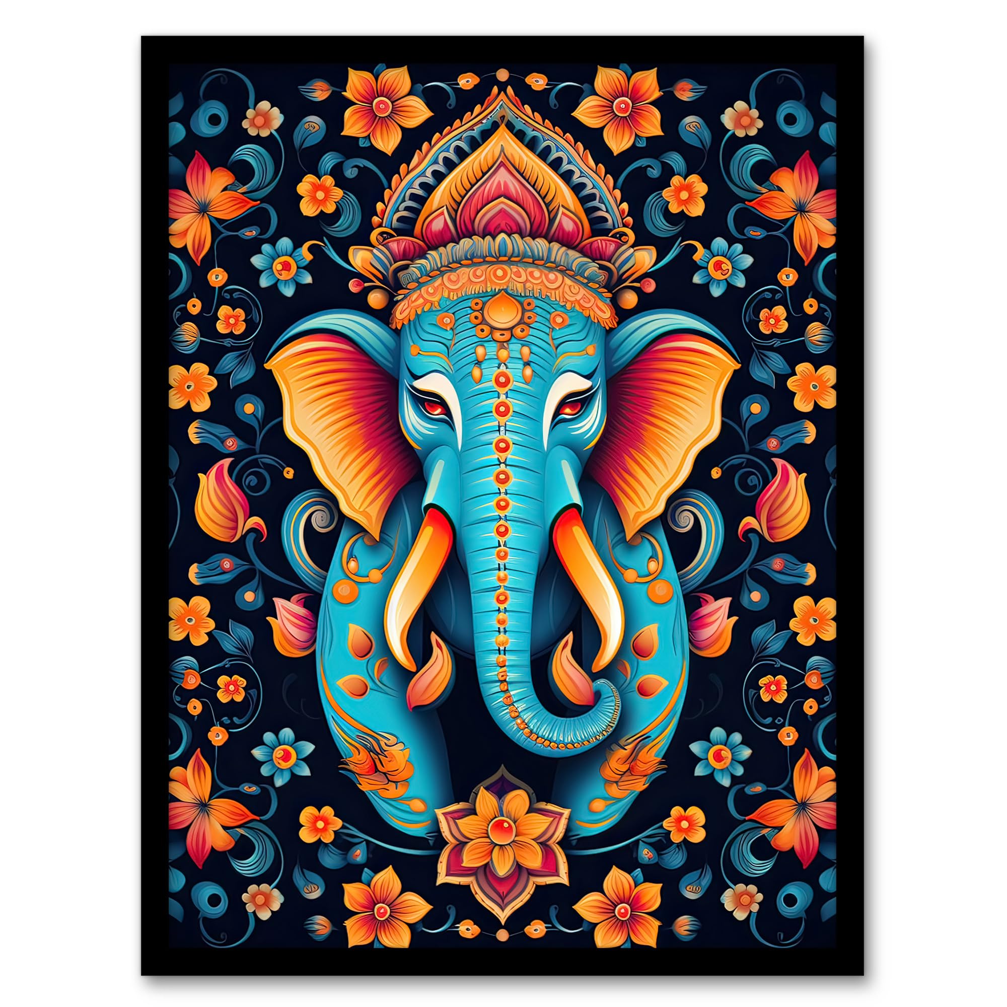 Artery8 Framed 18X24" Decorated Indian Elephant With Flower Pattern Vibrant Blue Orange Hindu Floral Design Artwork Framed Wall Art Print 18X24 Inch