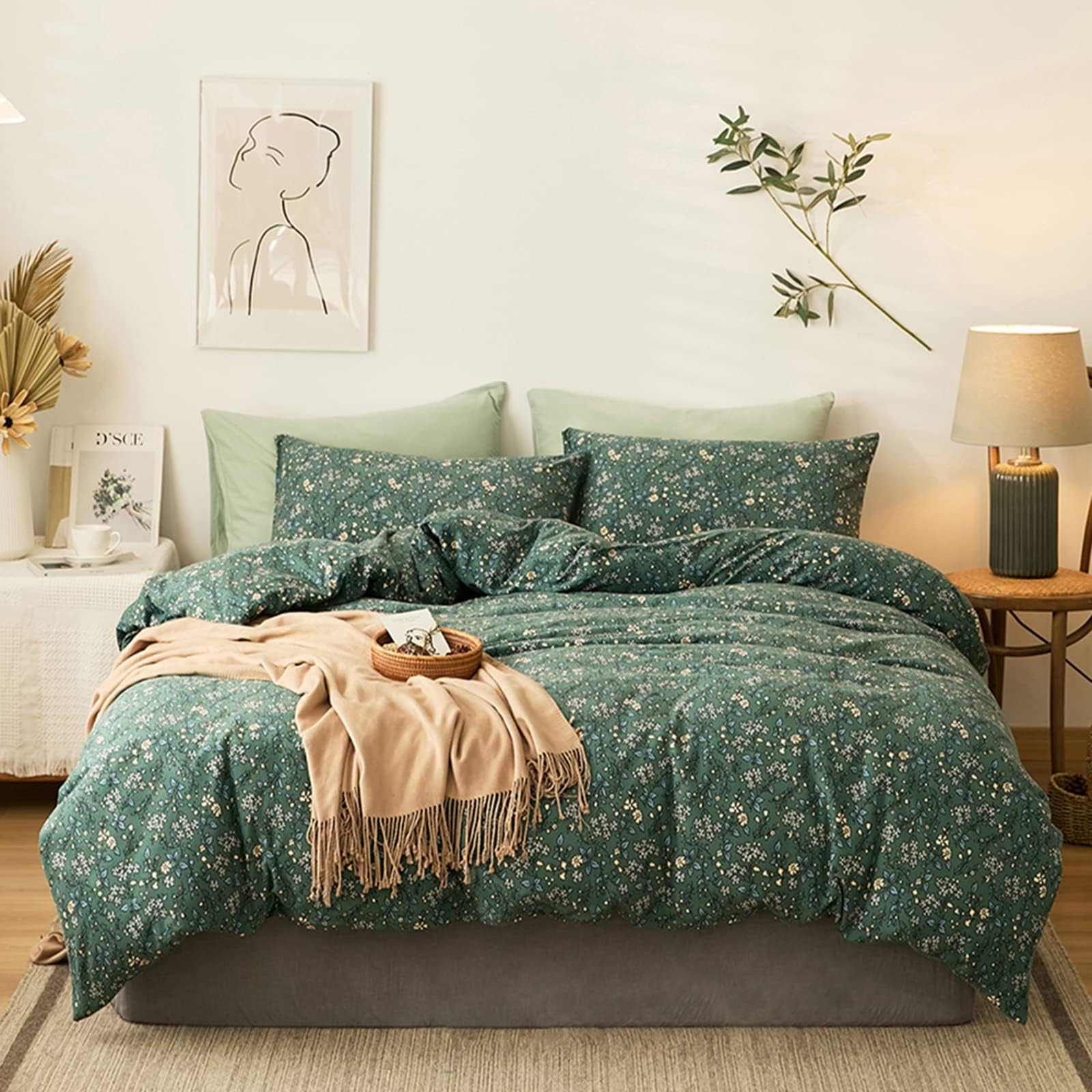 HighBuy Jersey Knit Cotton Duvet Cover Queen Green Floral 100% T-Shirt Cotton Comfy Bedding Set Super Soft Garden Chic Comforter Cover Queen Size