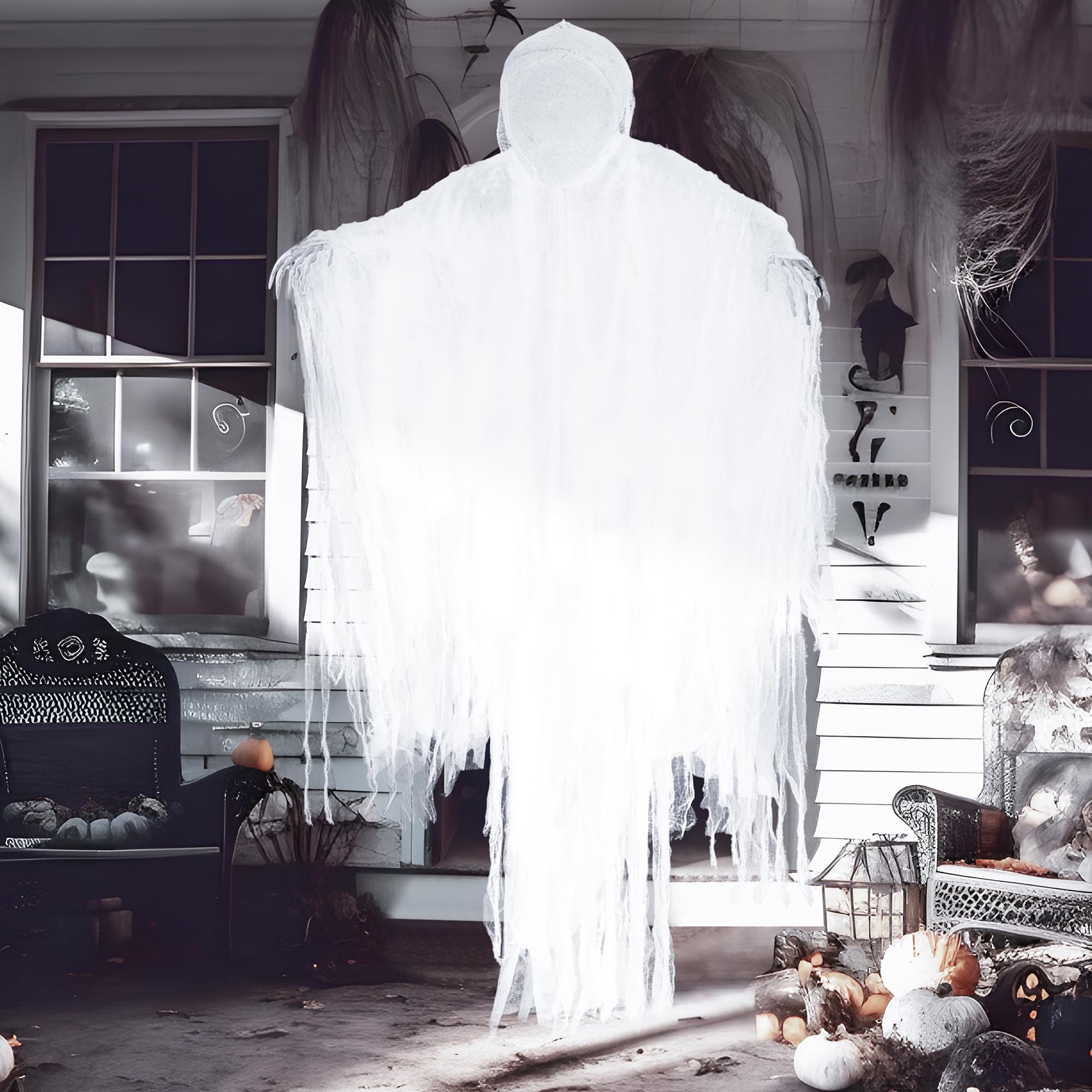 JOYIN Wiszący ponury żniwiarz 160 cm, duch bez twarzy w kolorze białym na Halloween, dekoracje wewnętrzne/zewnętrzne, dekoracja nawiedzonego domu, trawnik, wiszące dekoracje na podwórko