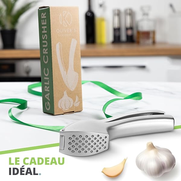 Oliver's Kitchen ® Presse Ail Premium - Hachoir et Broyeur Super Facile à Utiliser et à Nettoyer - Écrase l'Ail et le Gingembre sans Effort (pas besoin d'éplucher) - Solide et Durable à Vie - 5