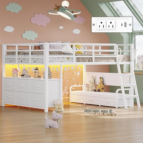 busyaeh Low Loft Bed,Full Size Loft Bed for Kids with 9 Storage Drawers & 15.8" H Safety Guardrail & Inclined Ladder & Safety Handrail & LED Lights and Charging Station，White