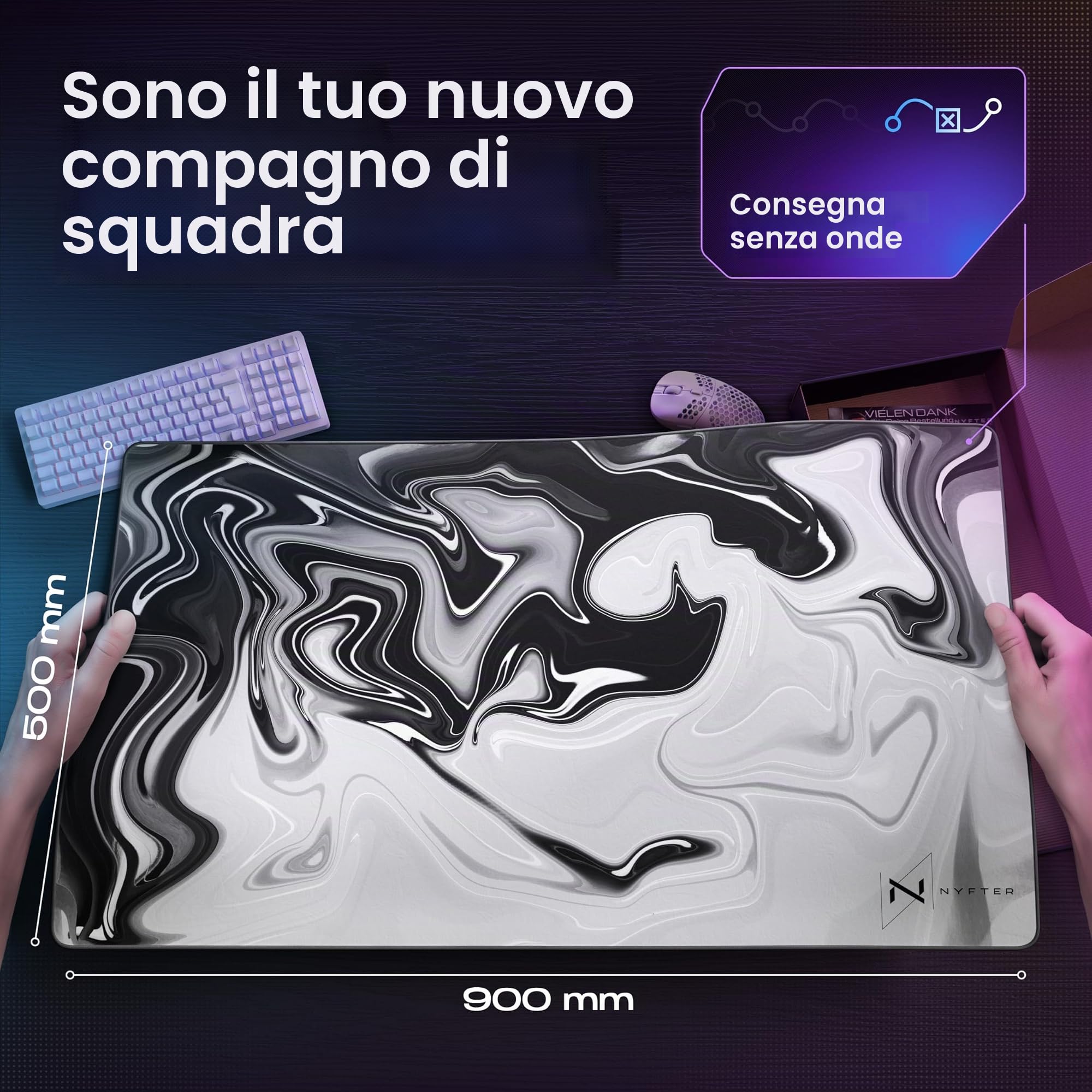 Nyfter Nyfpad - Tappetino per mouse da gioco di alta qualità, XXL, 900 x 500 mm, design liquido, senza onde con bordi cuciti (bianco-nero)