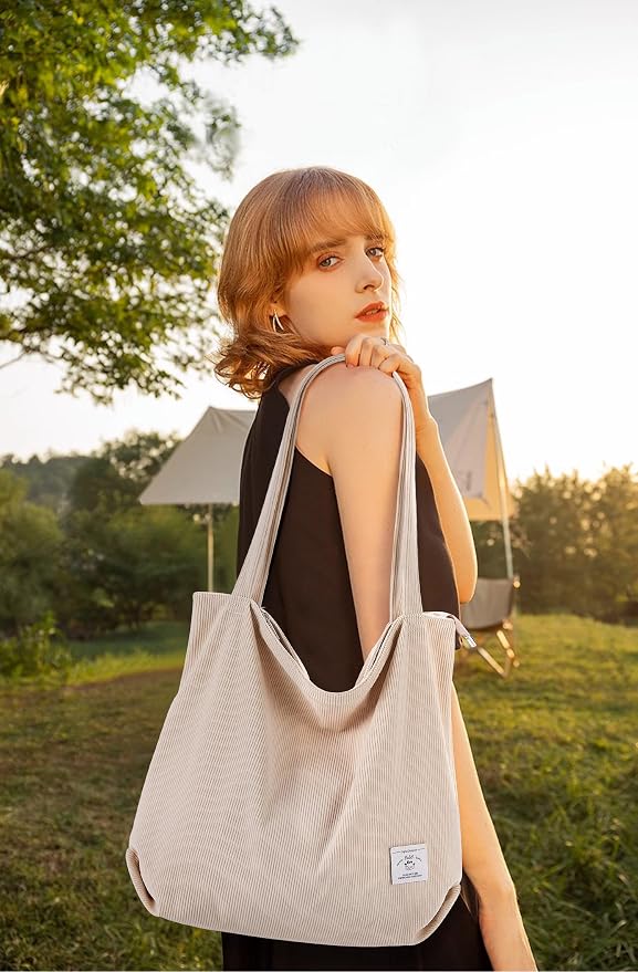 Bolso tote de pana para mujer con cremallera miniatura 3