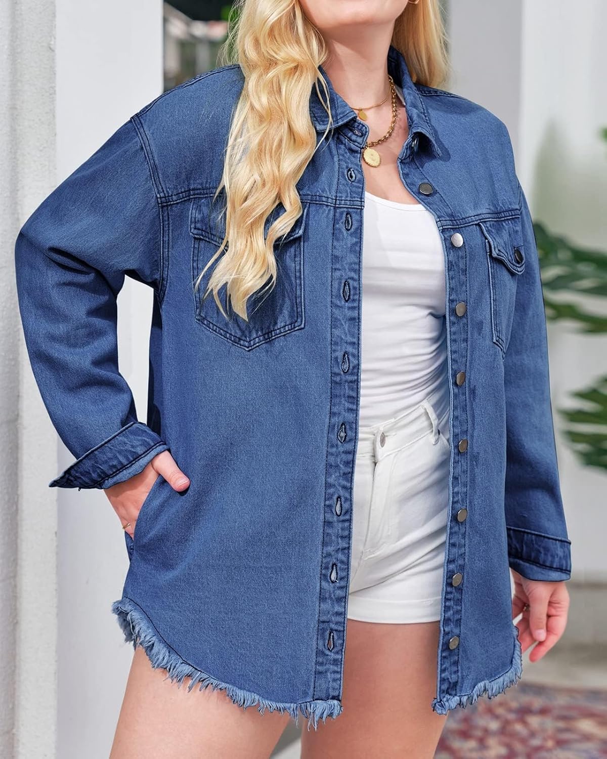 Vetinee Women’s Oversized Button Up Frayed Hem Shacket Long Sleeve Pockets Denim Jean Jacket - Image 7