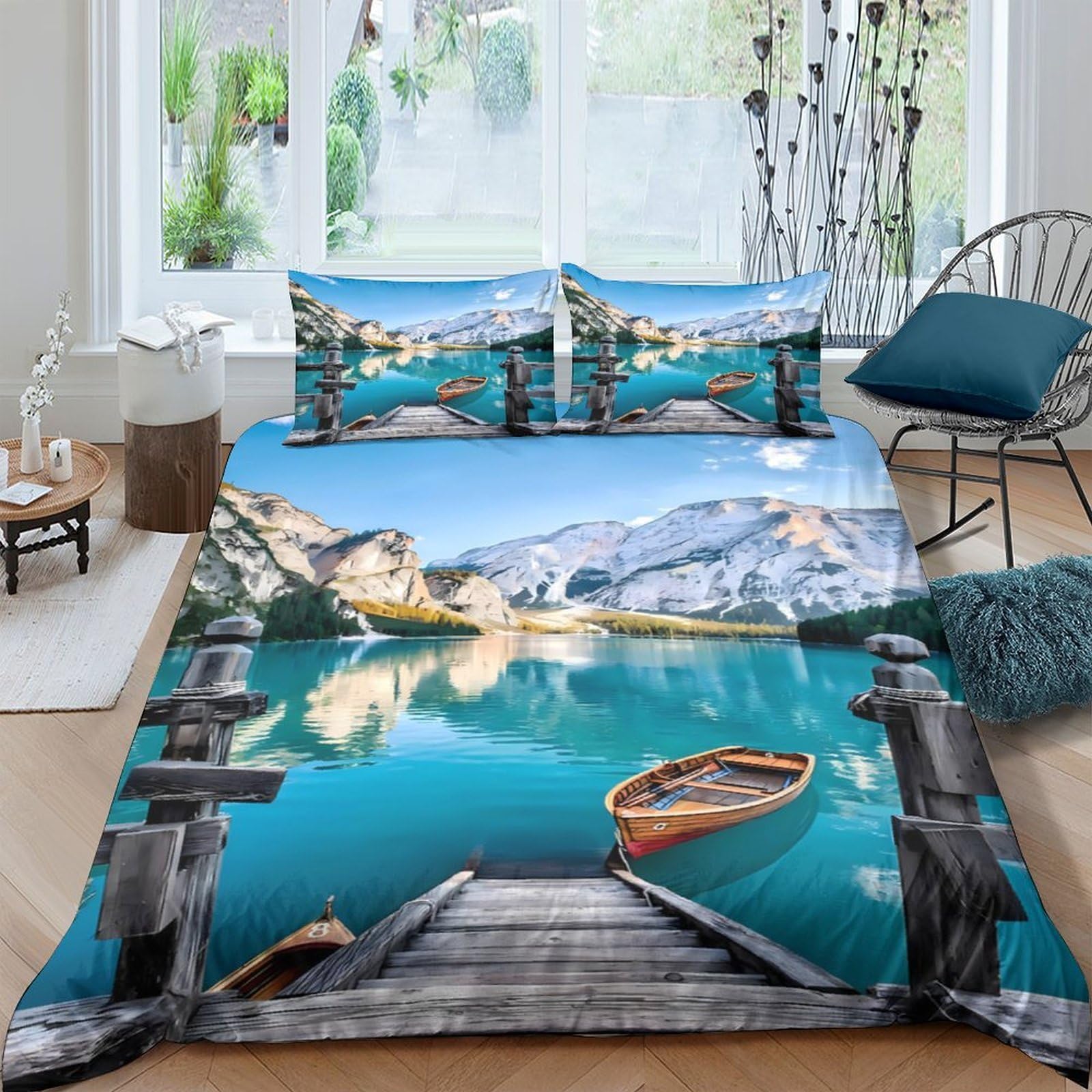 Ctjqhvkz Style-9 3D Printed Lake View Fitted Sheet Microfiber Soft Scenic Mountain Boat Bed Cover For Bedroom Dorm Decor Single（135X200cm）