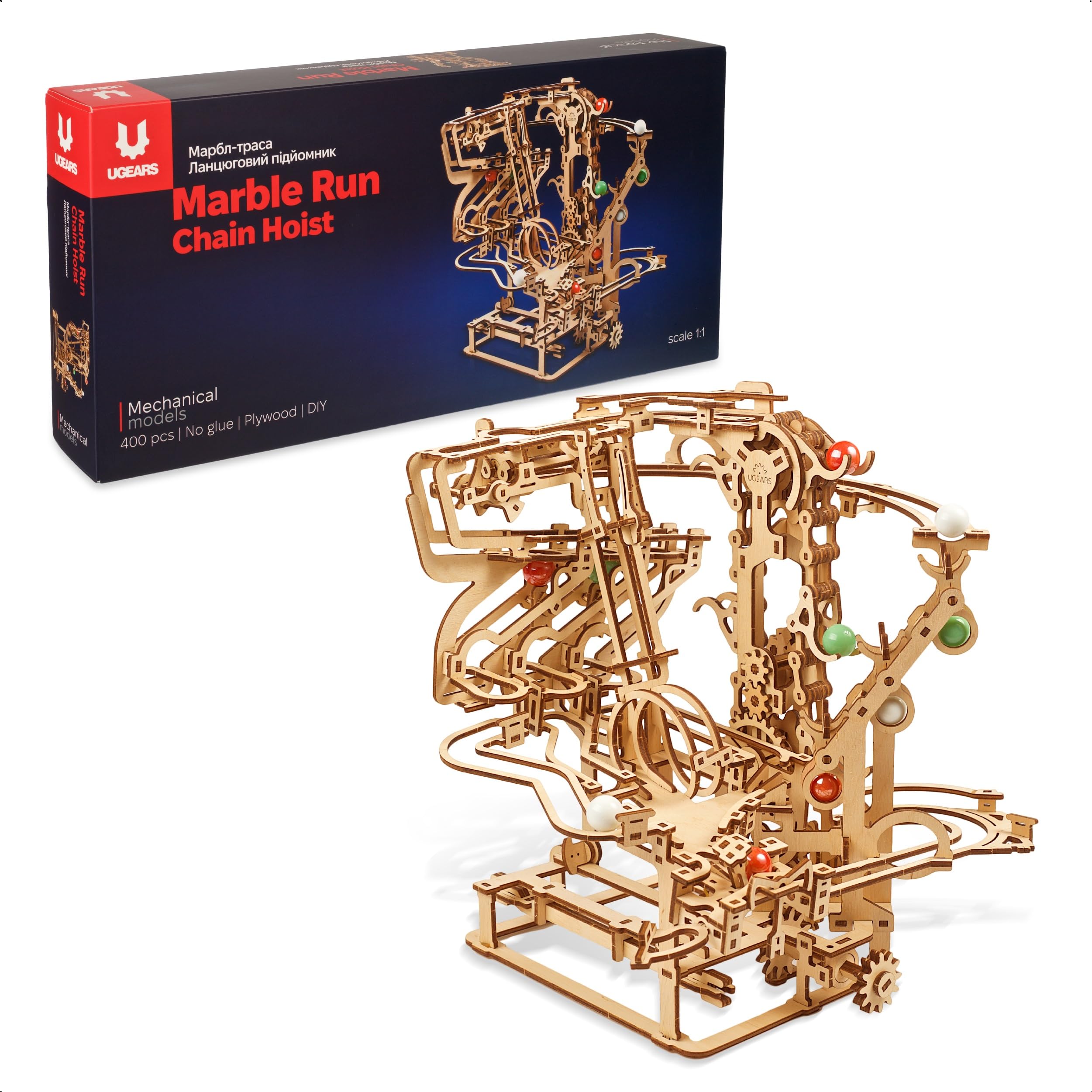UGEARS Marble Run Chain Hoist in Legno - Puzzle Meccanici 3D in Legno per Adulti, Kit Modello Fai-da-Te per Adulti, Unici - Gioco di Biglie 3D Regali per Amanti dei Puzzle 400 Pezzi