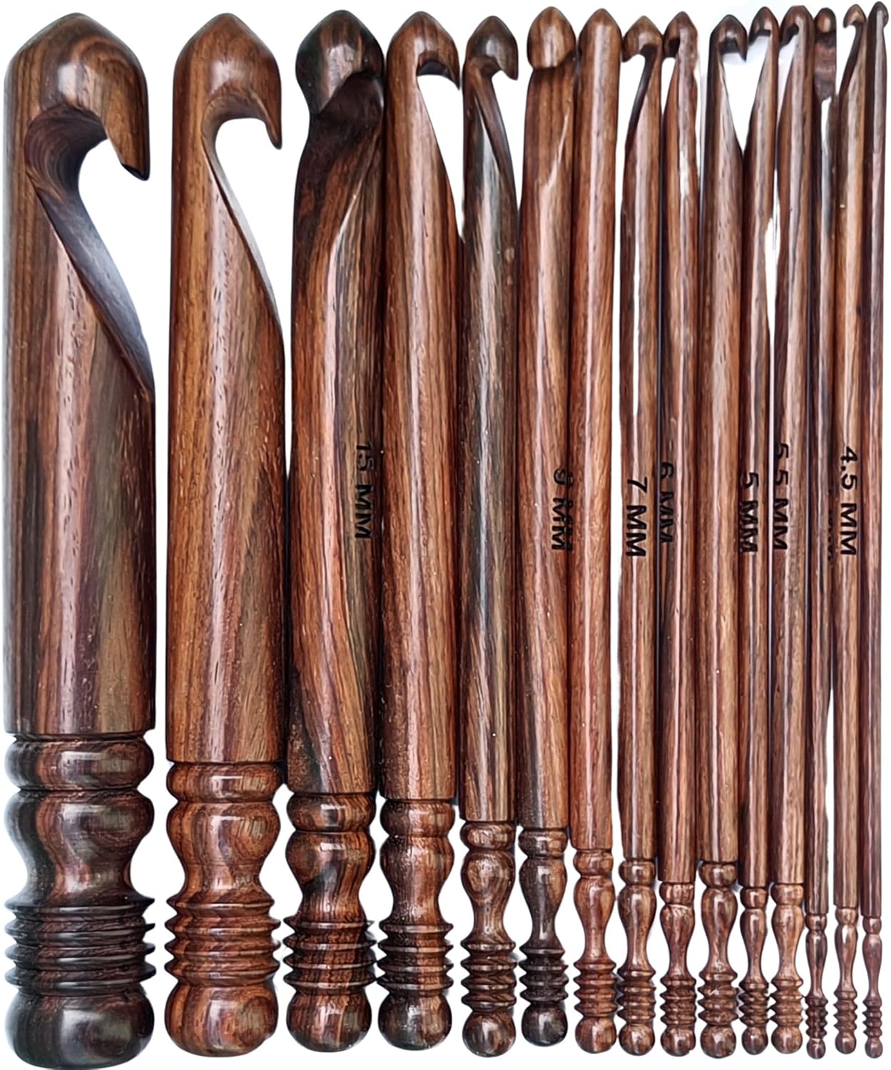 Wooden Crochet Hooks for Arthritic Hands - Ergonomic Soft Grip Handles with Engraved Sizes(3.5mm-25mm) - Rosewood Crochet Hook Set of 15 - for Chunky Yarns Crocheting - Gift for Her(Hooks Only)