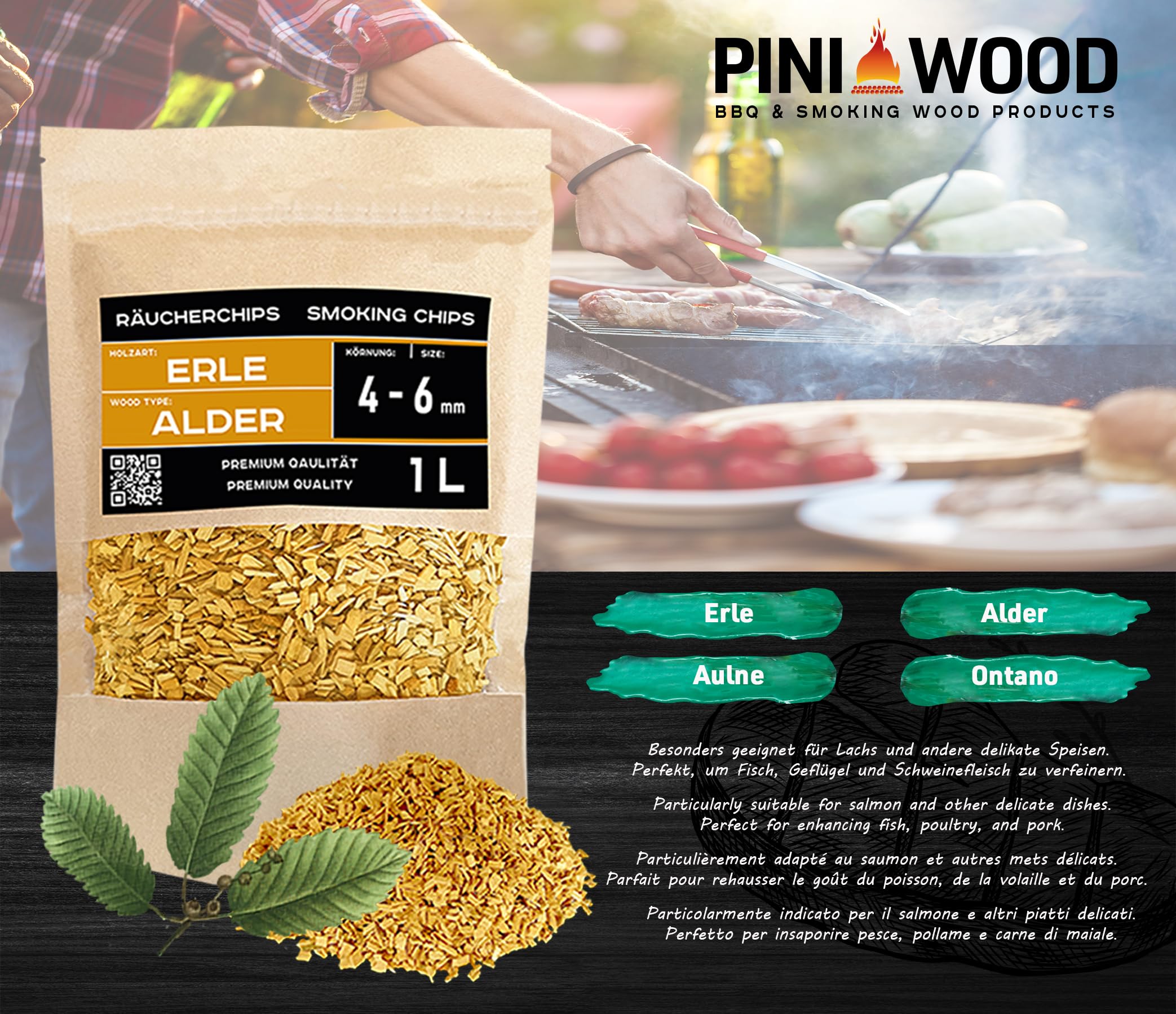 PINI Woodchips Lot de 5 copeaux de fumage de 1 litre Grain optimal 4-6 mm Copeaux de fumage variés Hêtre, Chêne, Cerise, Pomme, Aulne