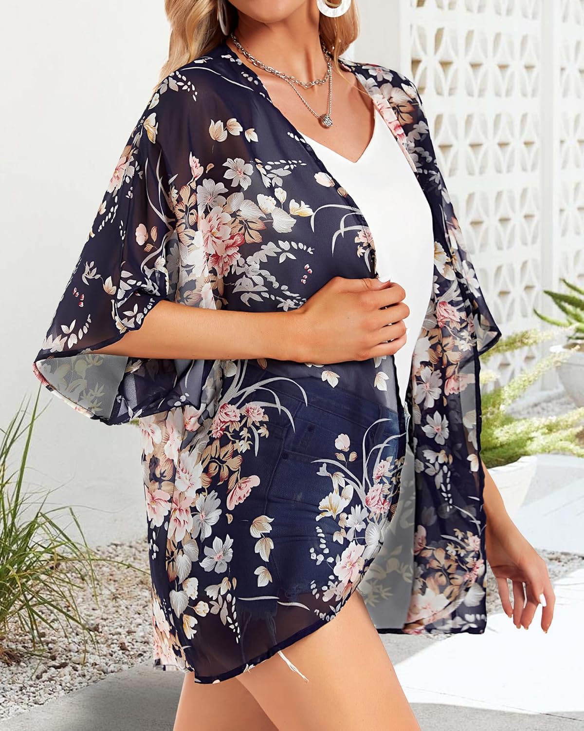 Women's Floral Print Puff Sleeve Kimono Cardigan Loose Cover Up Casual Blouse Tops - Image 7
