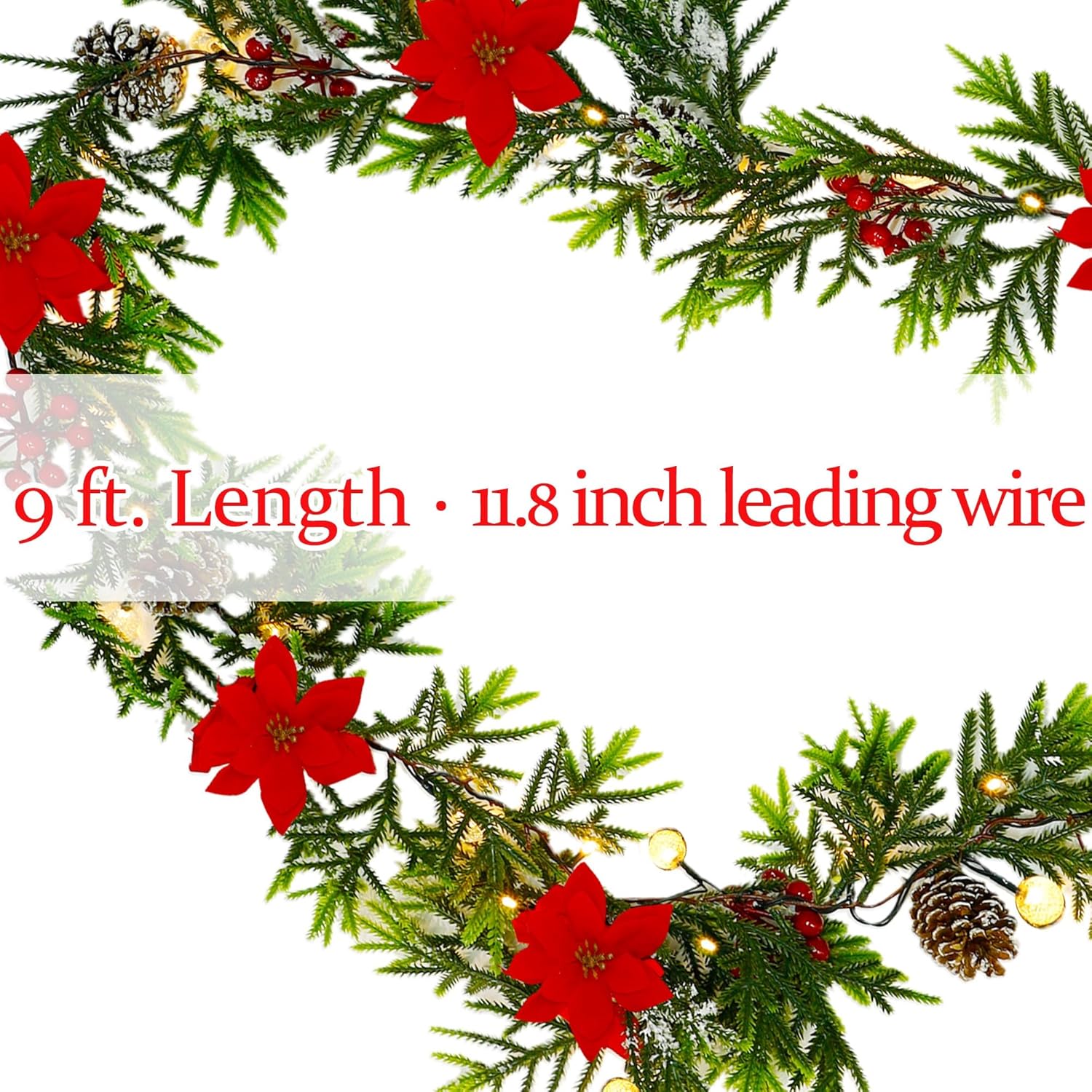 Lulu Home 9FT Pre-lit 30LED Christmas Garland with Glass Beads, Battery Operated Christmas Lighted Poinsettia Garland Indoor Outdoor for Fireplace, Staircase, Banister, Railing Decor - Image 2