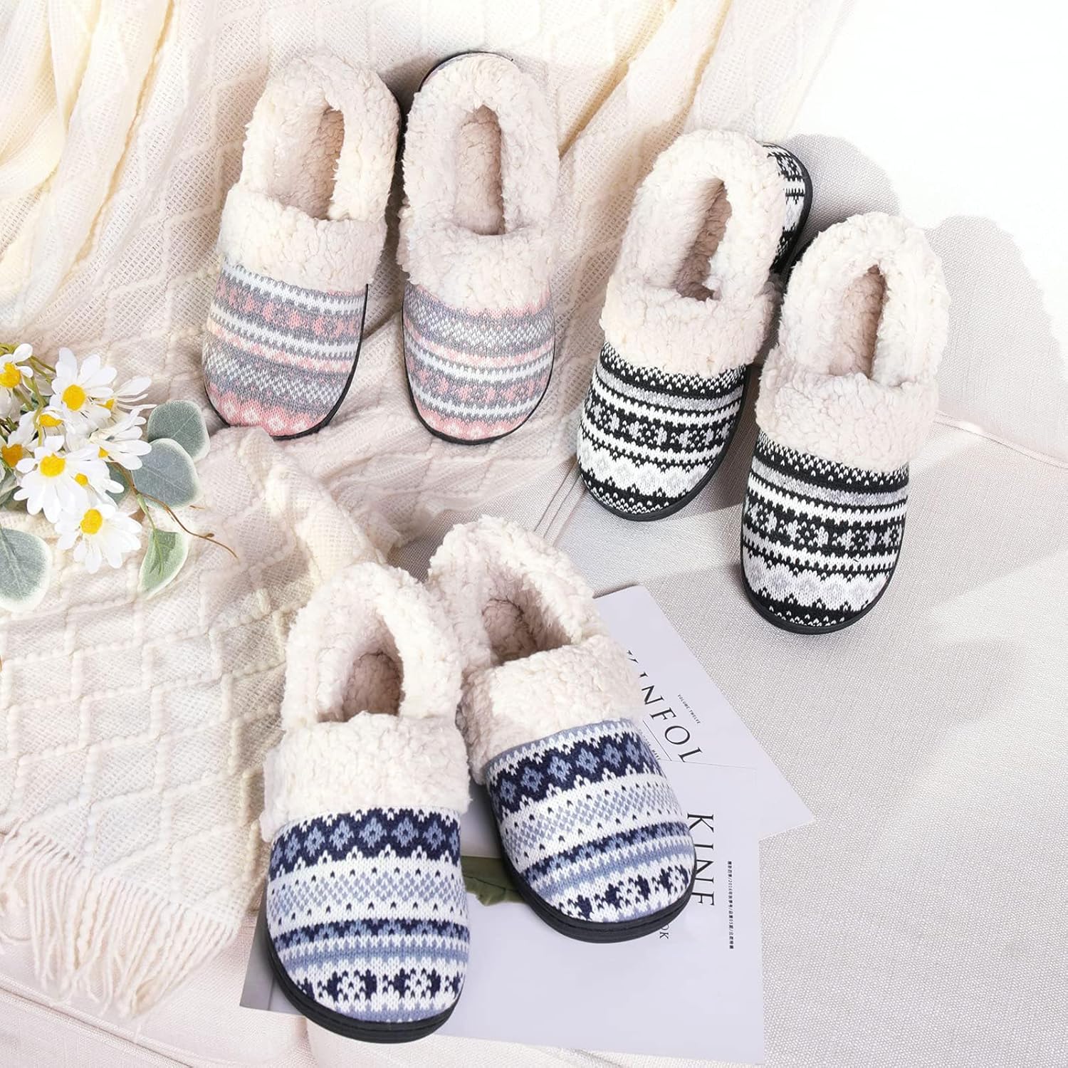 Evshine Women's Fuzzy Memory Foam Slippers, Closed Back Knit Bedroom Slippers, Slip-On Warm House Shoes for Indoor & Outdoor Comfort - Image 3