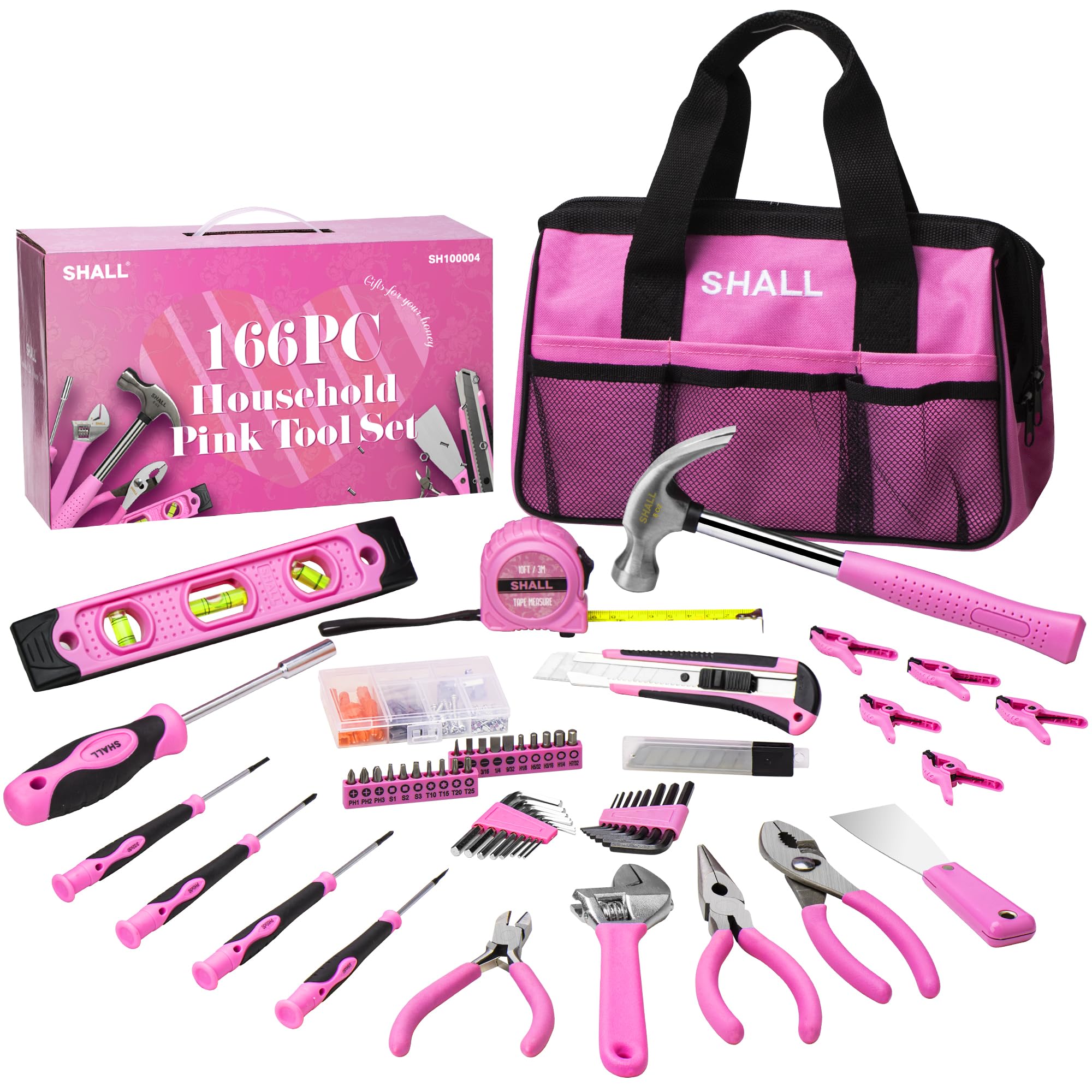 SHALL Kit di attrezzi rosa da 166 pezzi per la casa, cassetta degli attrezzi rosa con set di attrezzi per fai da te e kit di attrezzi per auto, regalo ideale per donne, ragazze e tuttofare a casa
