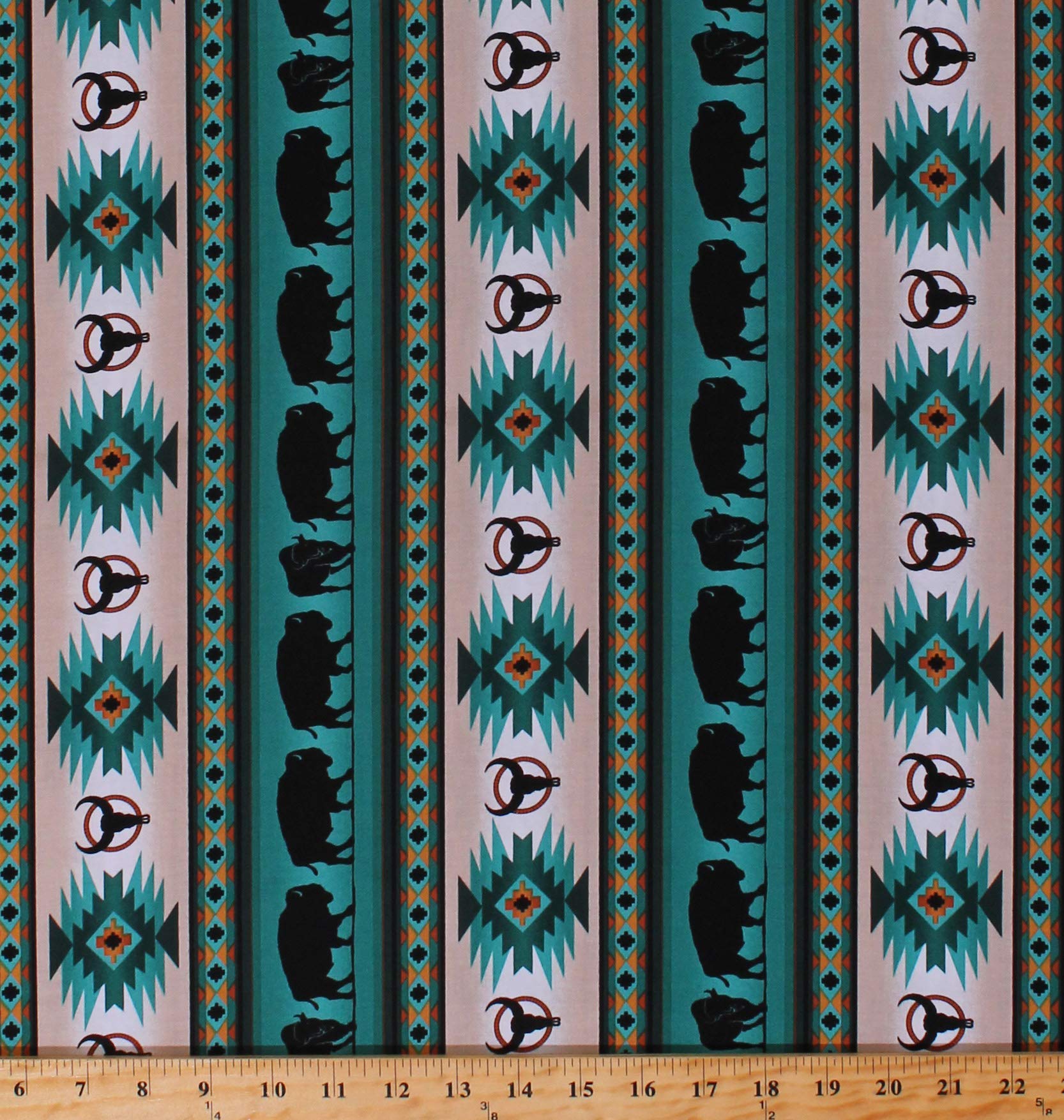 Cotton Southwestern Native American Aztec Buffalo Bison Wildlife Tucson 485 Turquoise Stripes Striped Cotton Fabric Print by The Yard (D366.36)