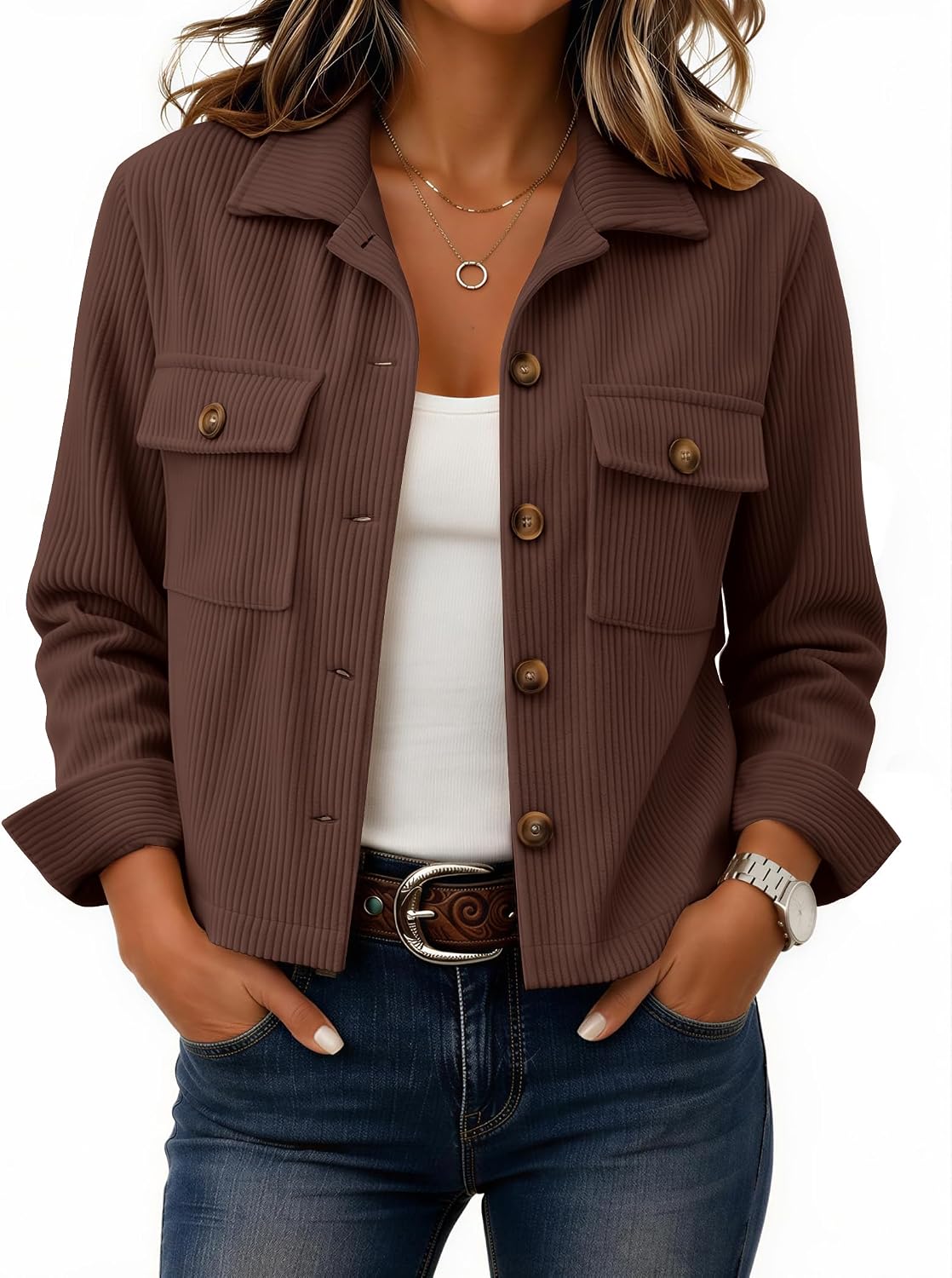 Zeagoo Fall Jackets for Women 2026 Corduroy Cropped Shacket Trendy Outfits | Button down, lightweight, long sleeve crop trendy jacket