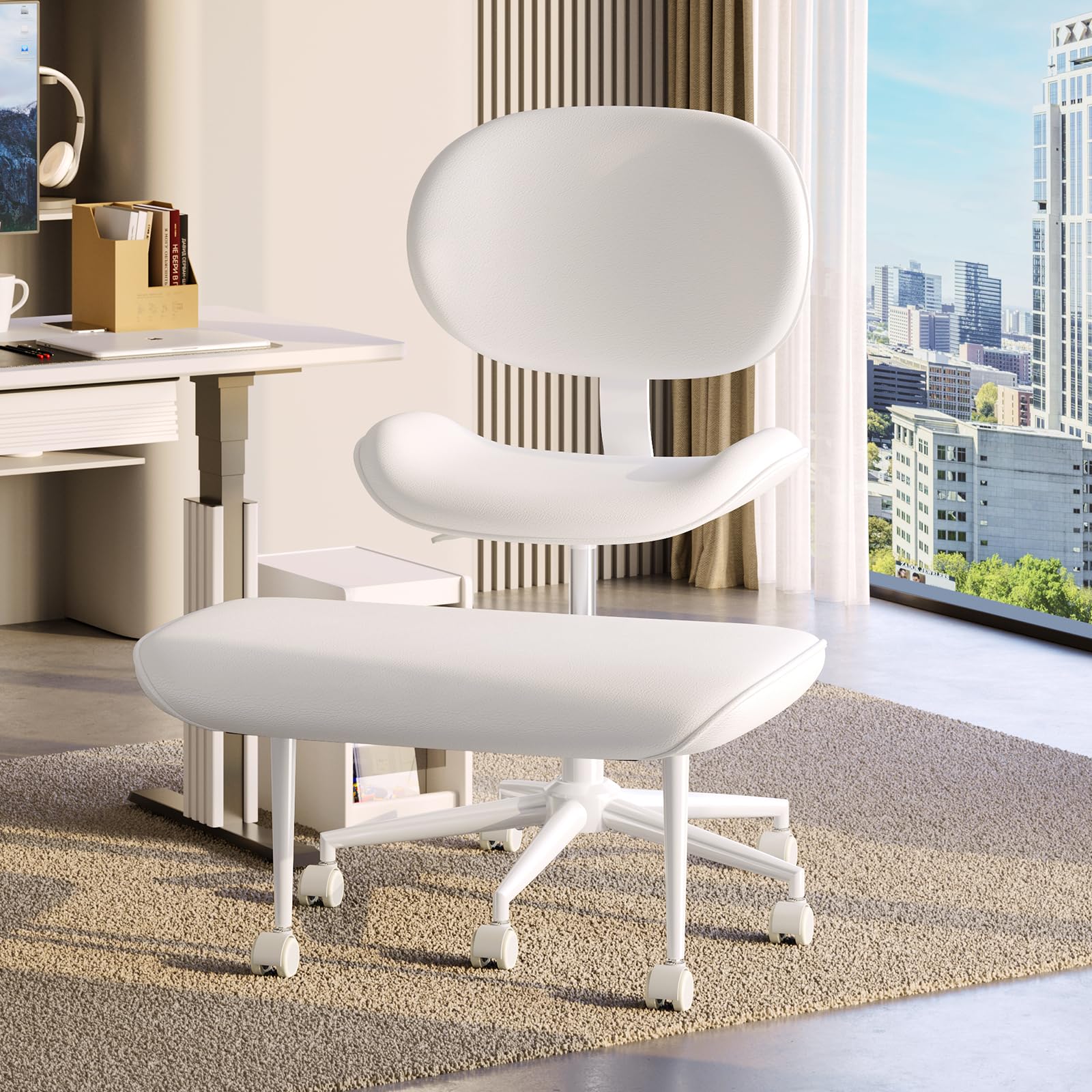 Condition photo showing New/Like New for Cross-Legged Meditation Chair, ADHD Friendly Armless Office Chair with Footrest, PU Leather Wide Seat Desk Chair for Focus, Calm Sitting & Home Office, Off White