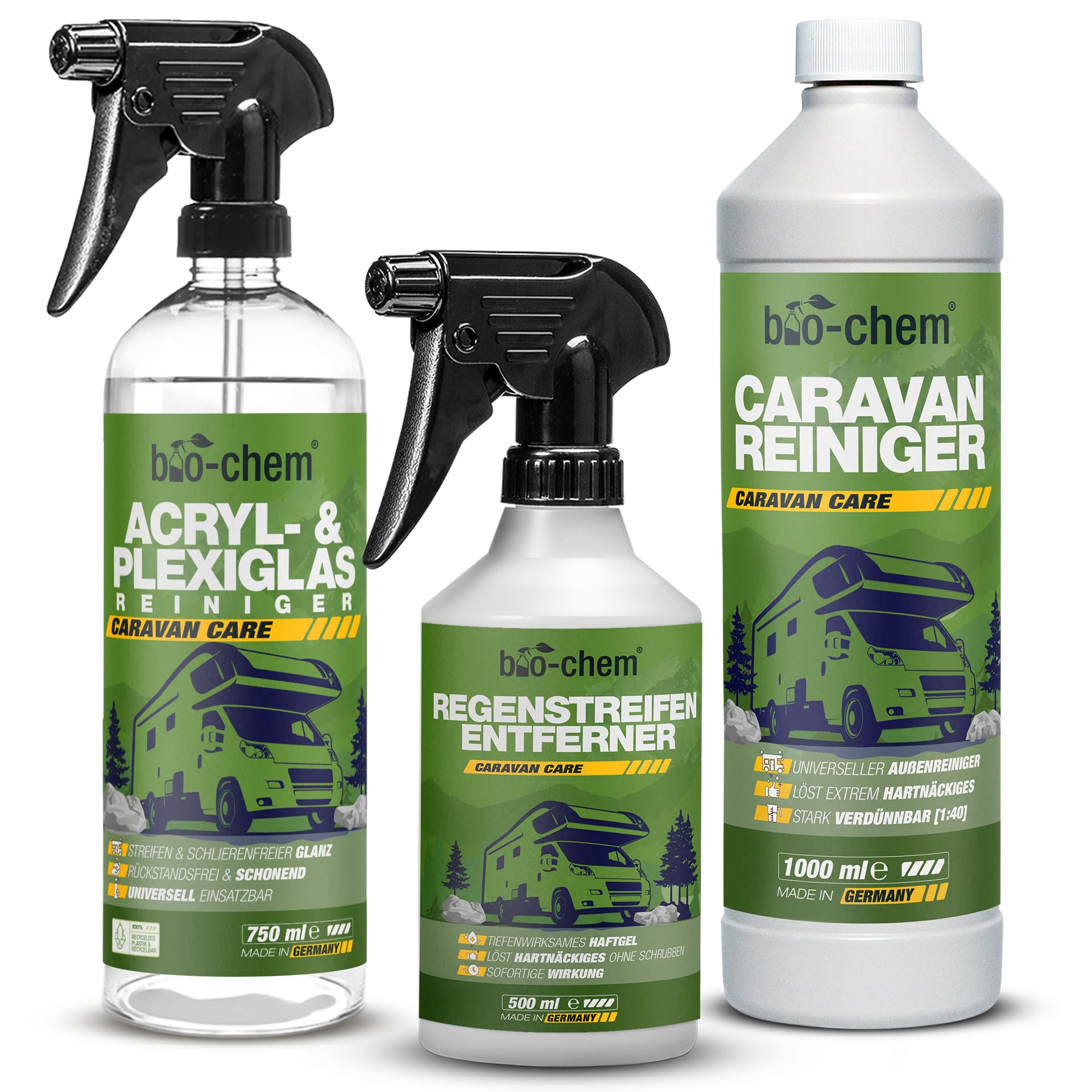 bio-chem Caravan Reiniger Set 3-teilig für Wohnmobil | Wohnwagen Außenreiniger, Regenstreifen-Entferner und Acrylglas Reiniger | Außenreinigung Wohnwagen